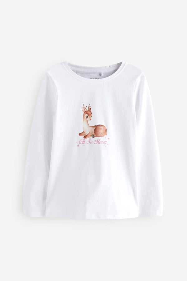 White Reindeer Christmas Long Sleeves Graphic 100% Cotton T-Shirt (3-16yrs)