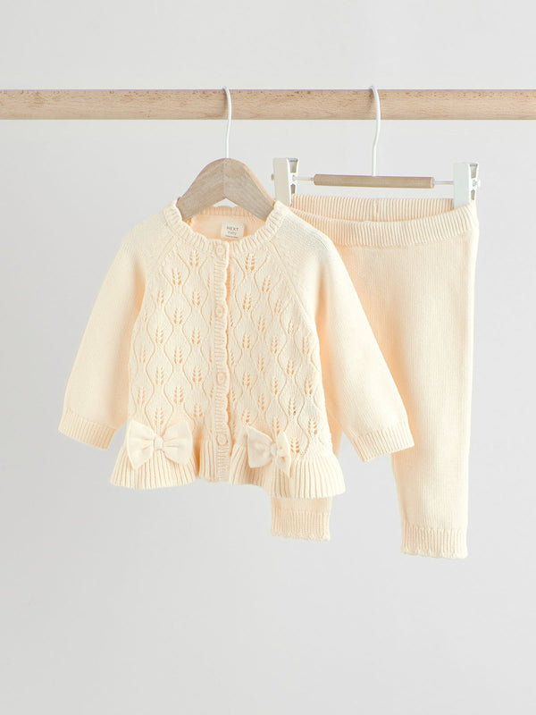 White 100% Cotton Frill Knitted Bow Baby Cardigan Set (0mths-3yrs)