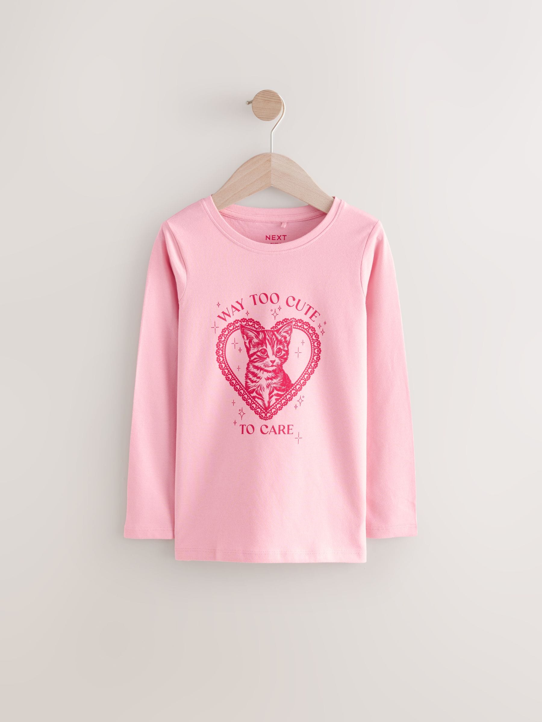 Pink Cute Cat Long Sleeve 100% Cotton T-Shirt (3-16yrs)