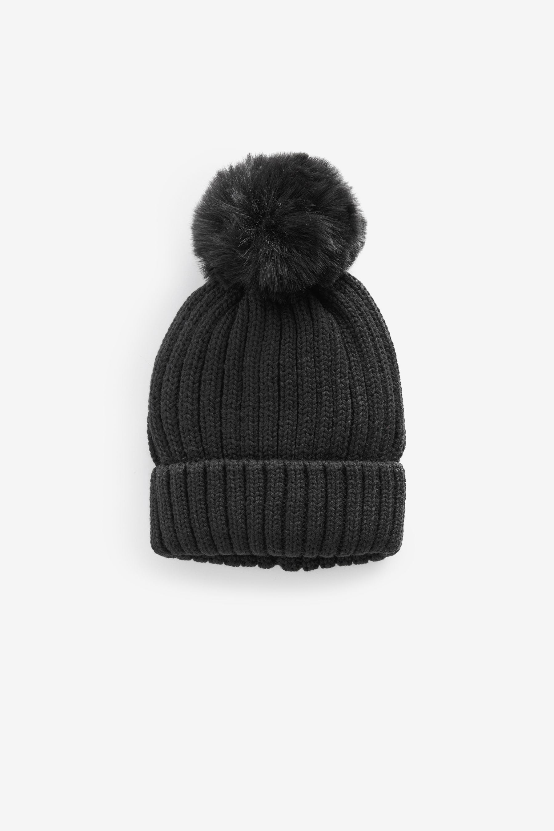 Black Rib Pom Beanie Hat (3mths-16yrs)