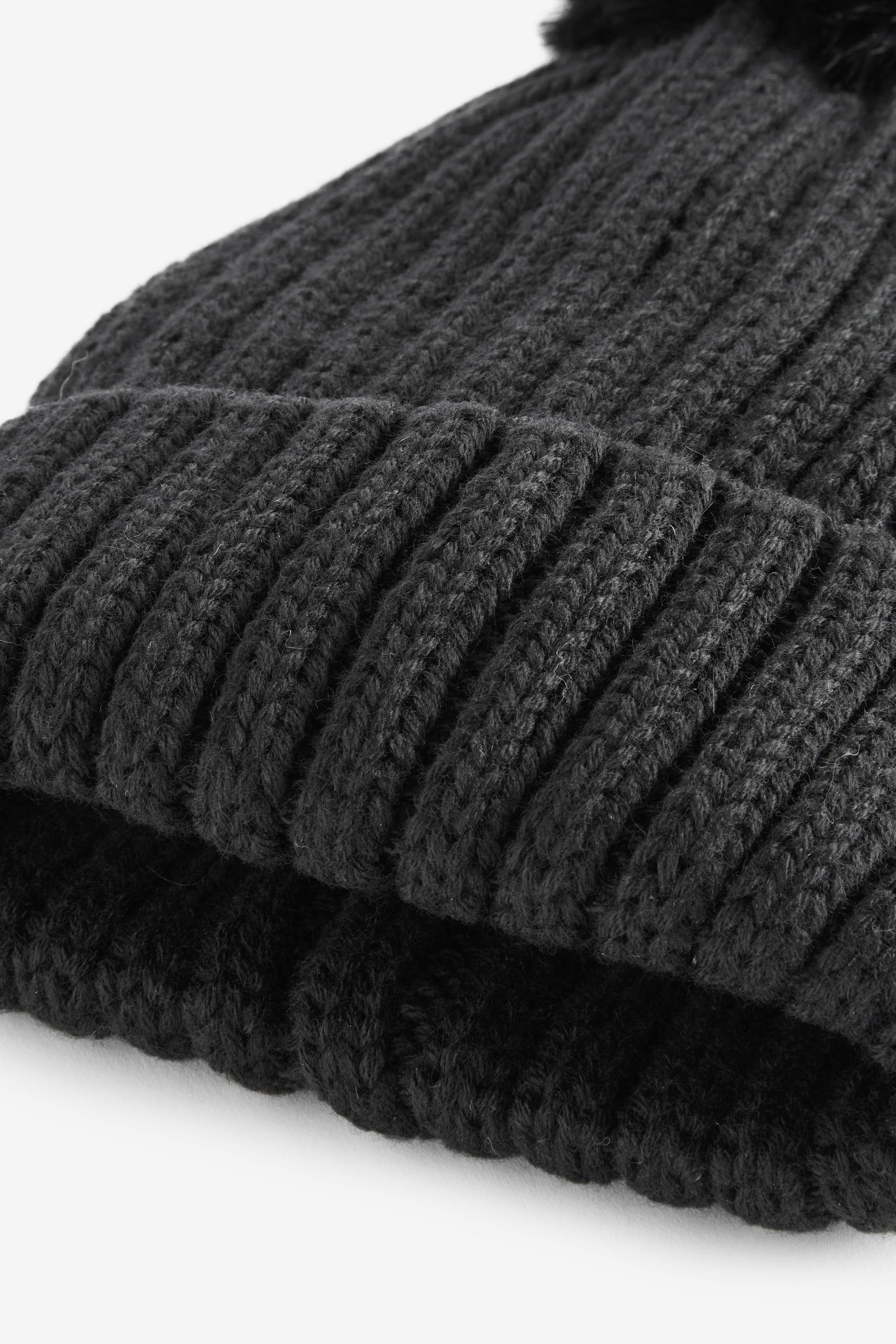 Black Rib Pom Beanie Hat (3mths-16yrs)