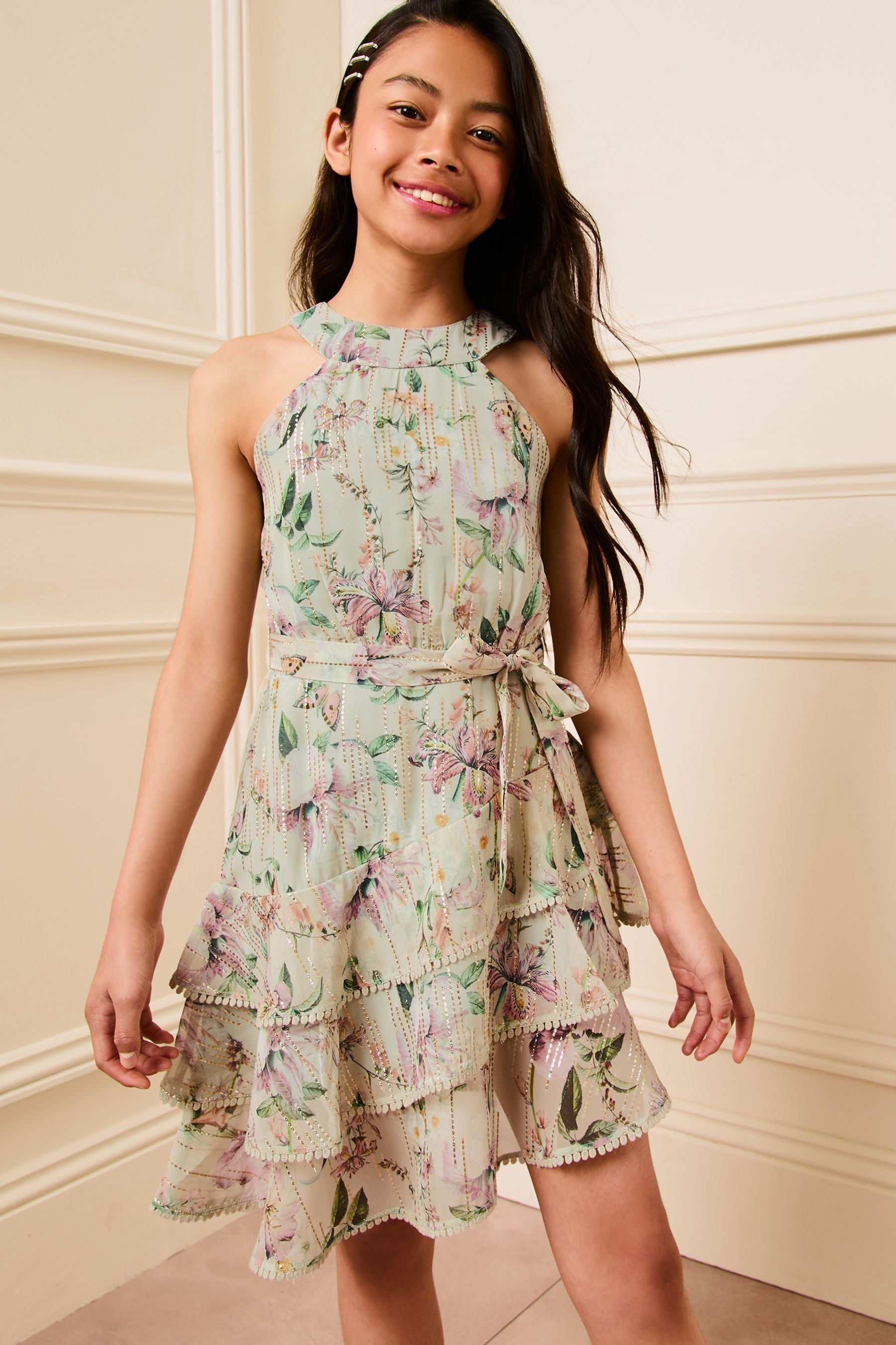 Lipsy Green Floral Tiered High Neck Mini Dress (5-16yrs)