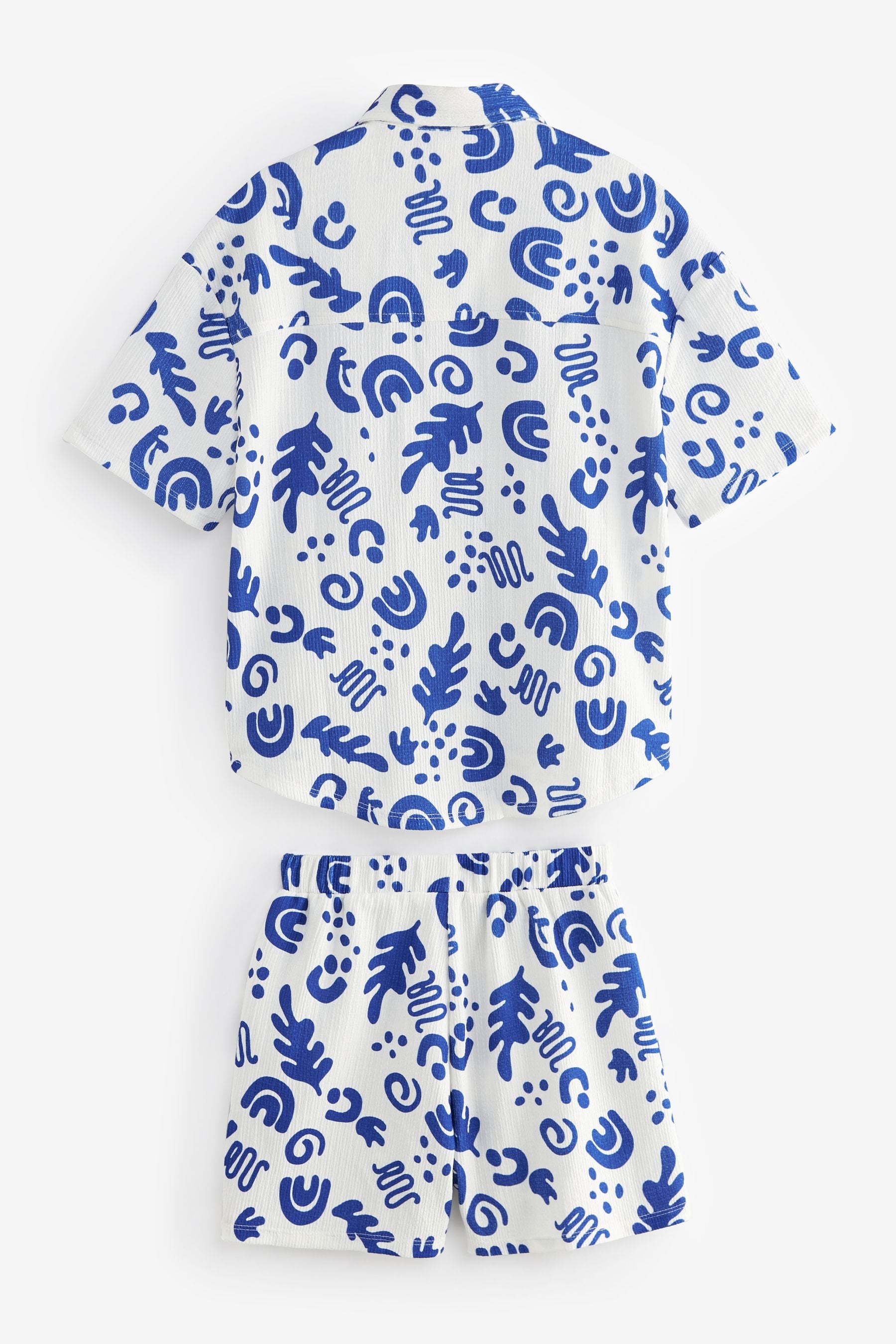 White/Blue Textured Shirt And Shorts Set (3-16yrs)