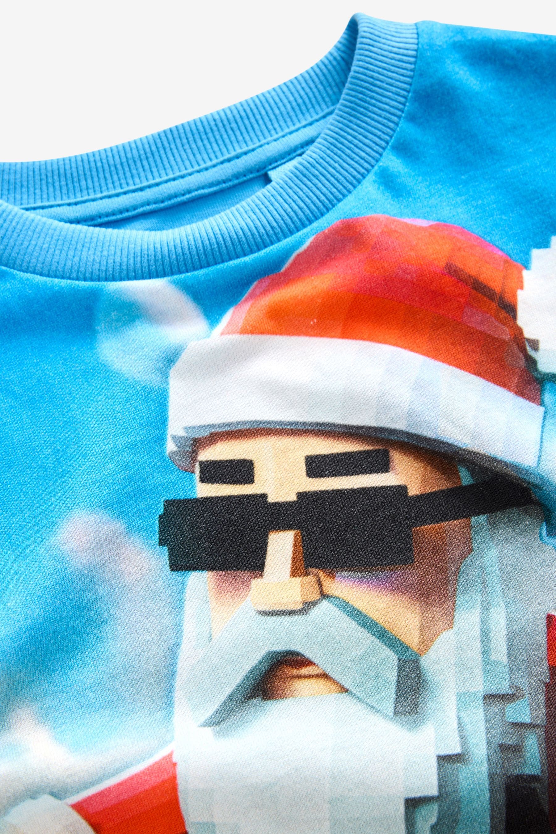 Blue Santa Pixel Short Sleeve Christmas 100% Cotton T-Shirt (3-16yrs)