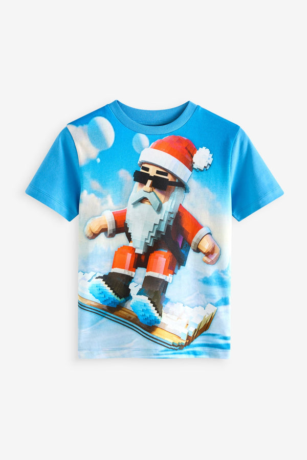 Blue Santa Pixel Short Sleeve Christmas 100% Cotton T-Shirt (3-16yrs)