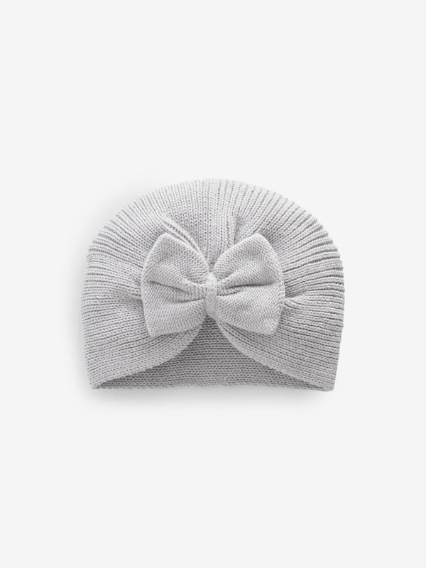 Grey Baby Knitted Bow 100% Cotton Turban Hat (0mths-3yrs)