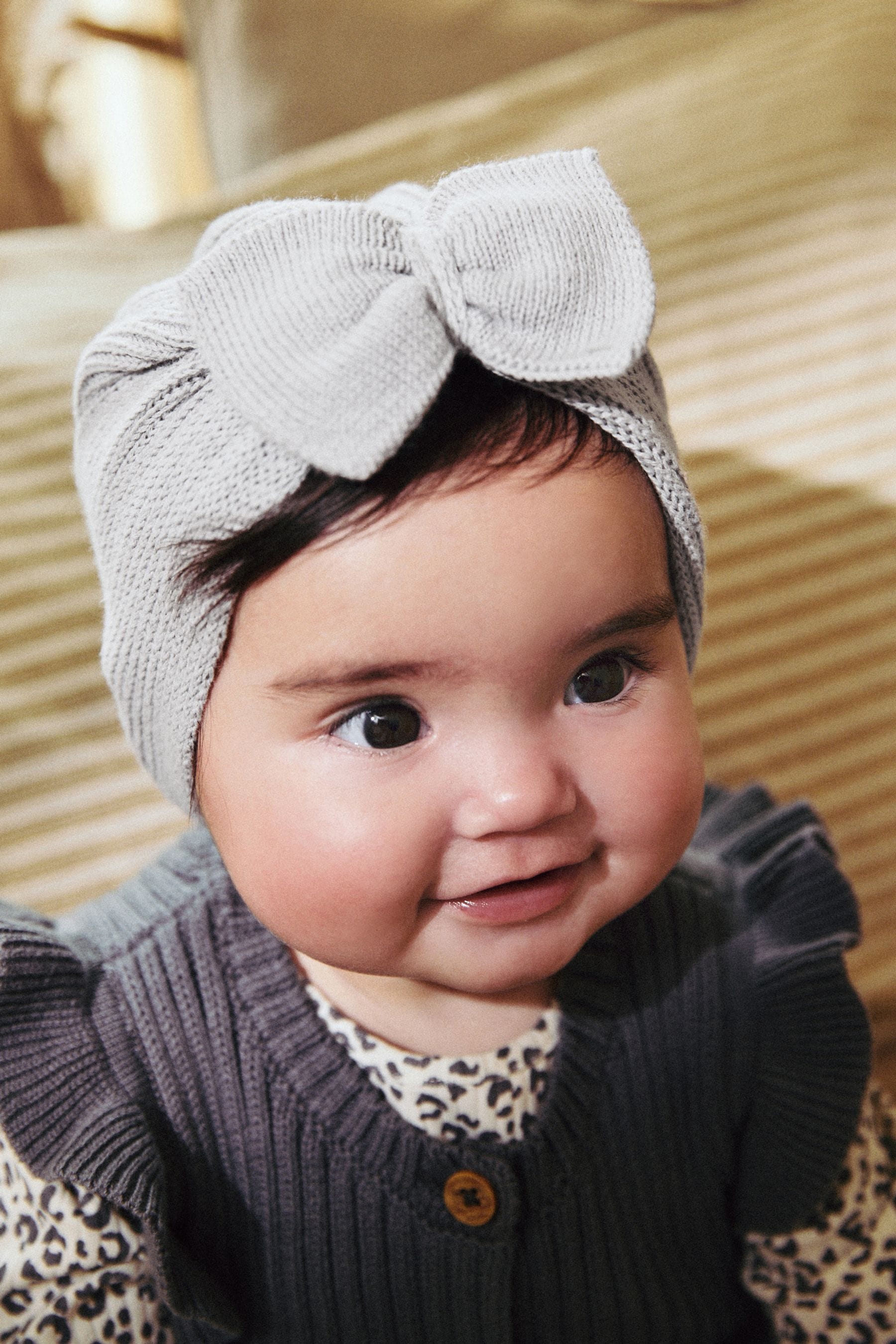 Grey Baby Knitted Bow 100% Cotton Turban Hat (0mths-3yrs)