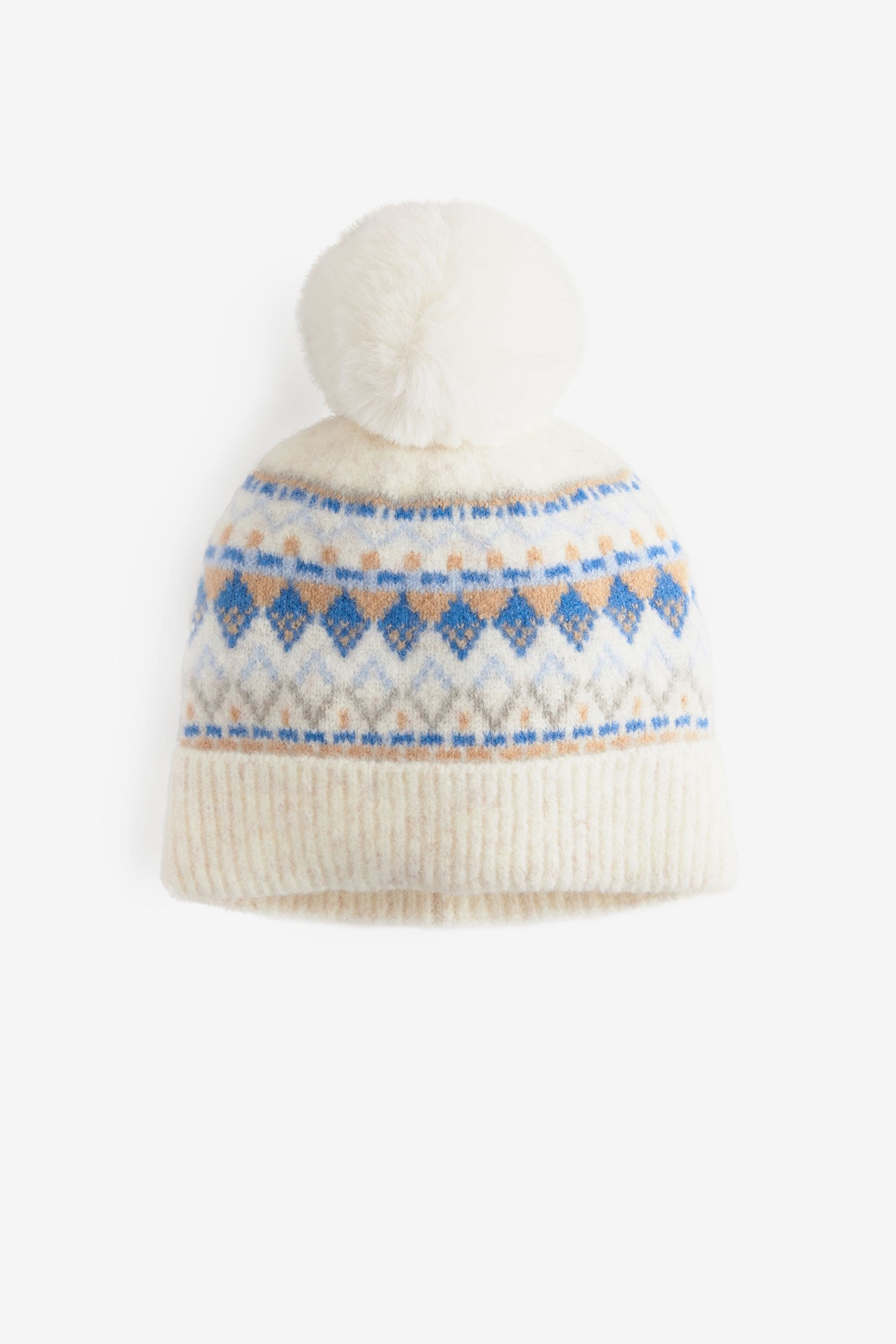 Blue/Ecru Cream Fairisle Pattern Pom Beanie Hat (3-16yrs)