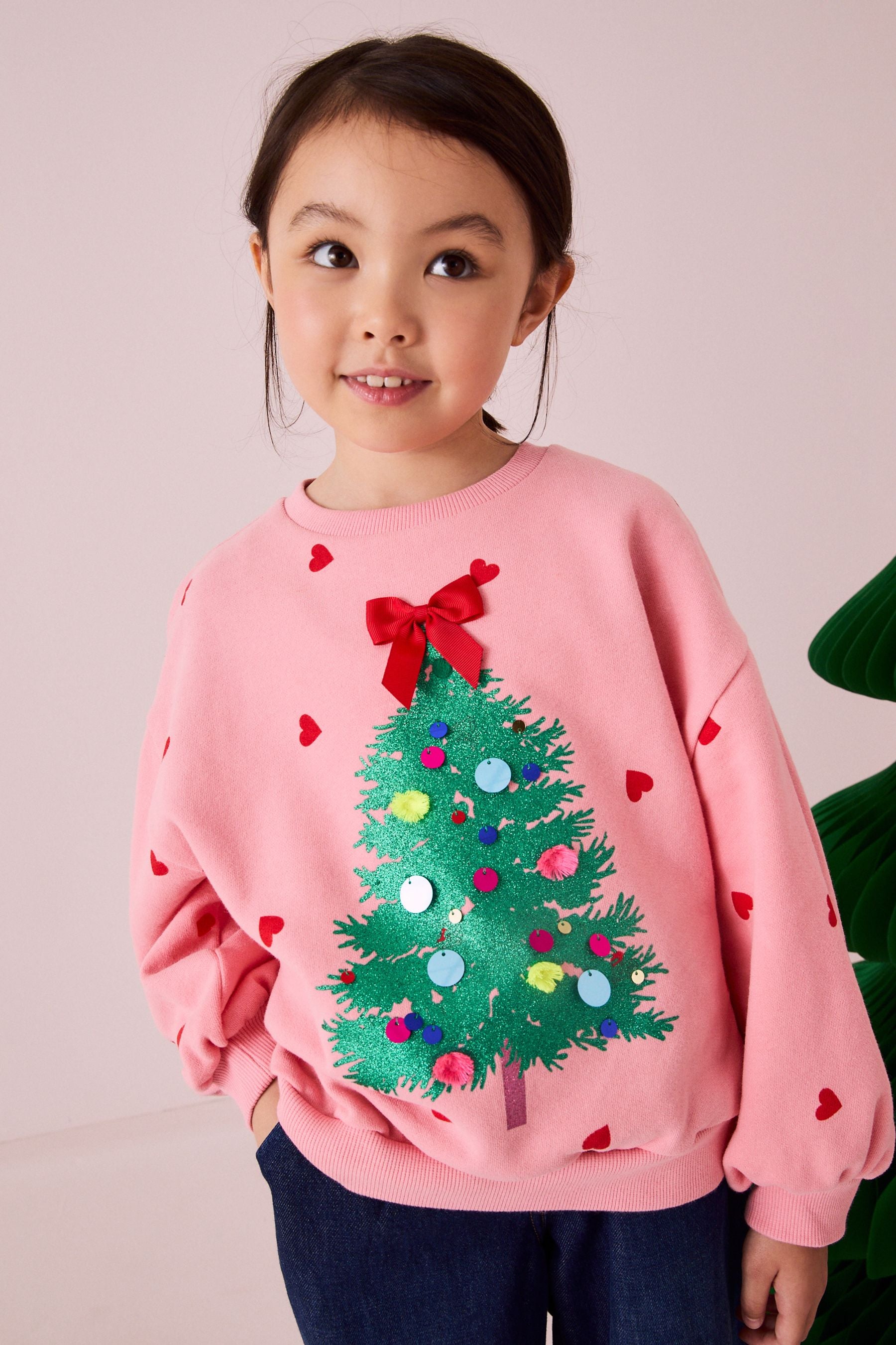 Pink Embellished Christmas Tree Sweatshirt (3-16yrs)