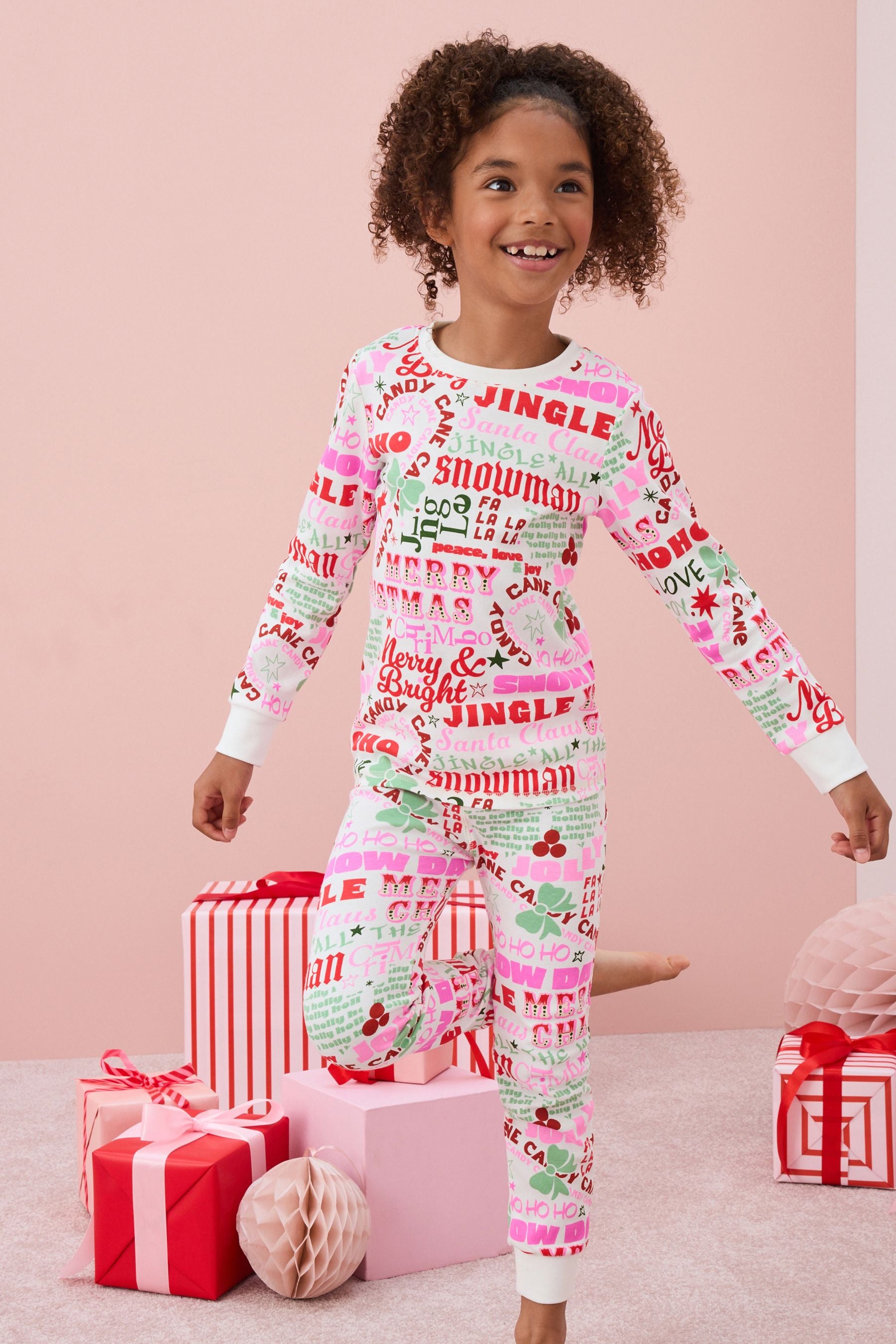 White/Pink Typography Christmas Pyjamas (9mths-16yrs)