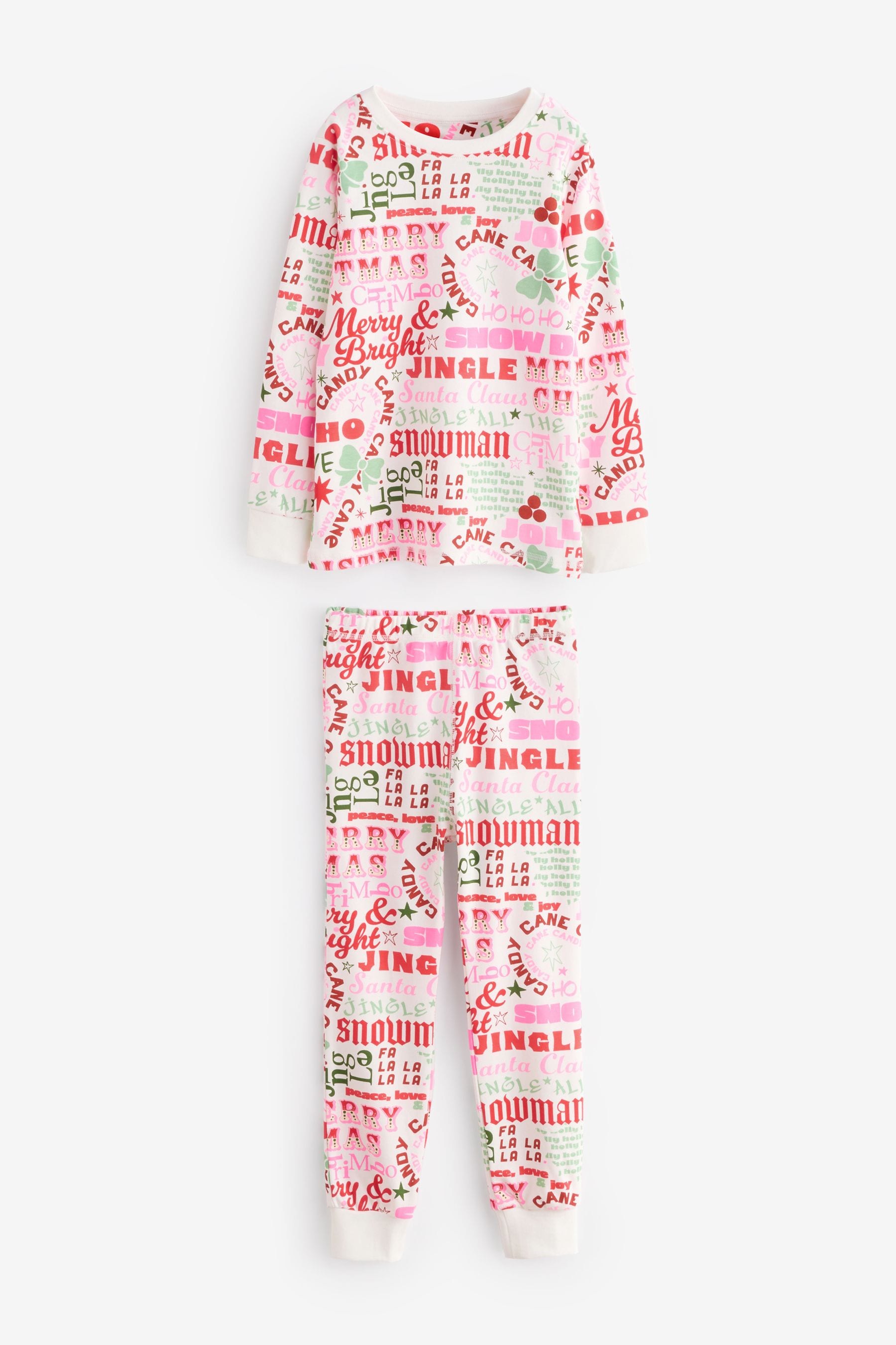 White/Pink Typography 100% Cotton Christmas Jogger Pyjamas (9mths-16yrs)