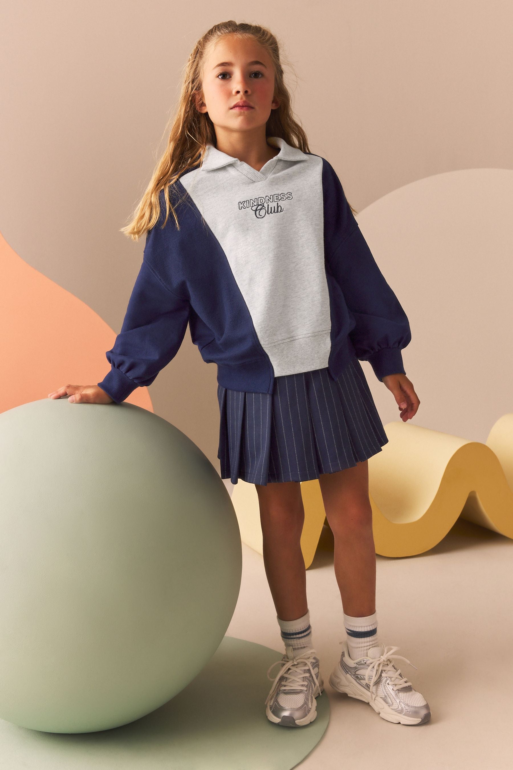 Navy/Grey Sweatshirt And Pleated Pinstripe Skirt Set (3-16yrs)