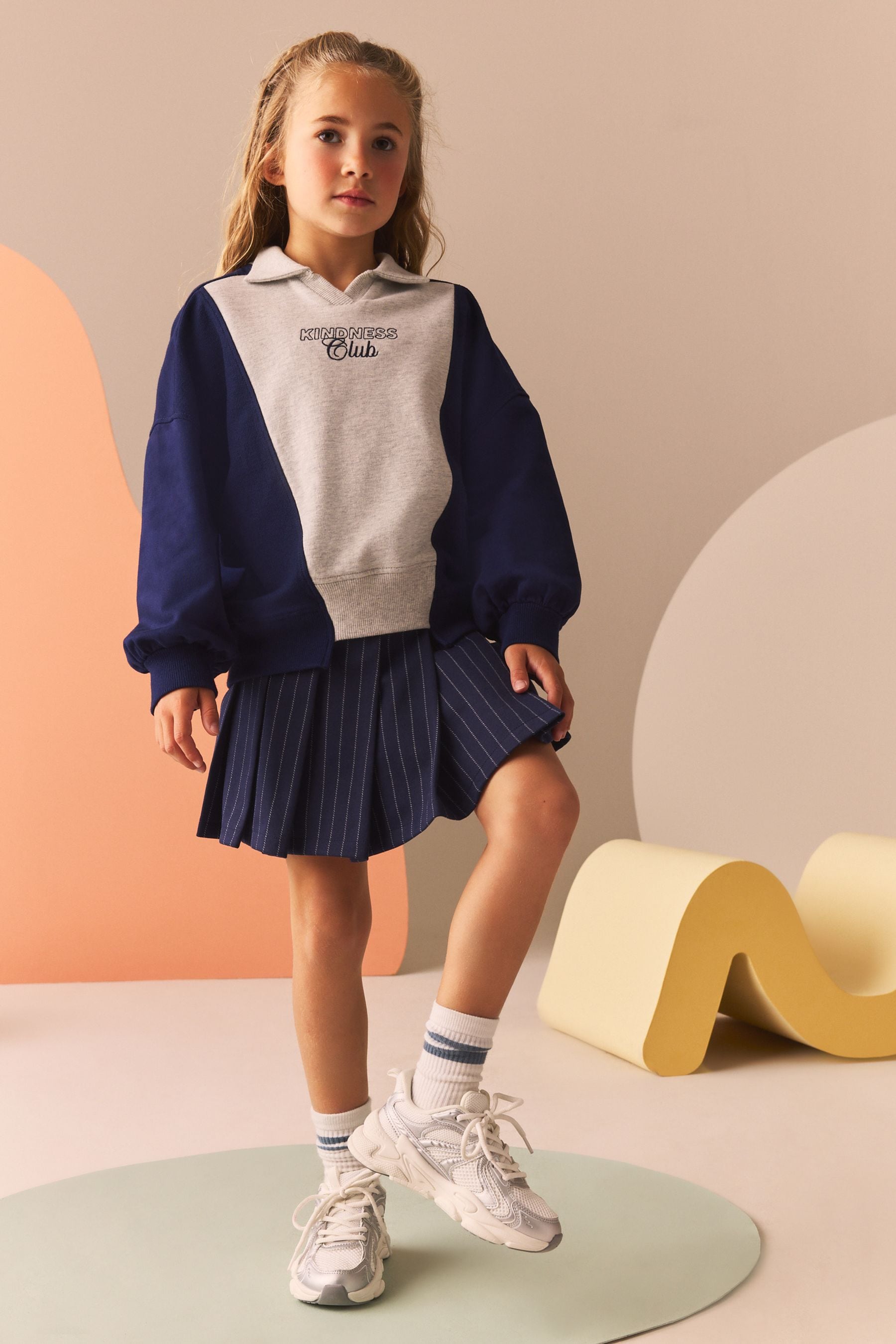 Navy/Grey Sweatshirt And Pleated Pinstripe Skirt Set (3-16yrs)