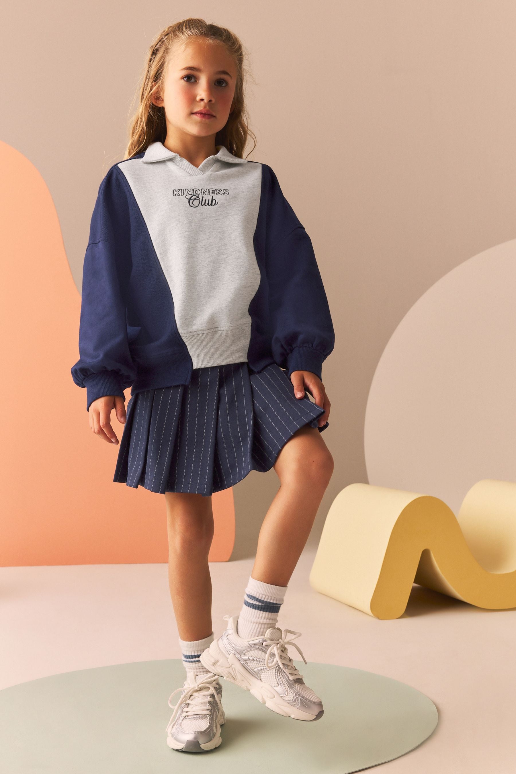 Navy/Grey 100% Cotton Sweatshirt And Pleated Pinstripe Skort Set (3-16yrs)