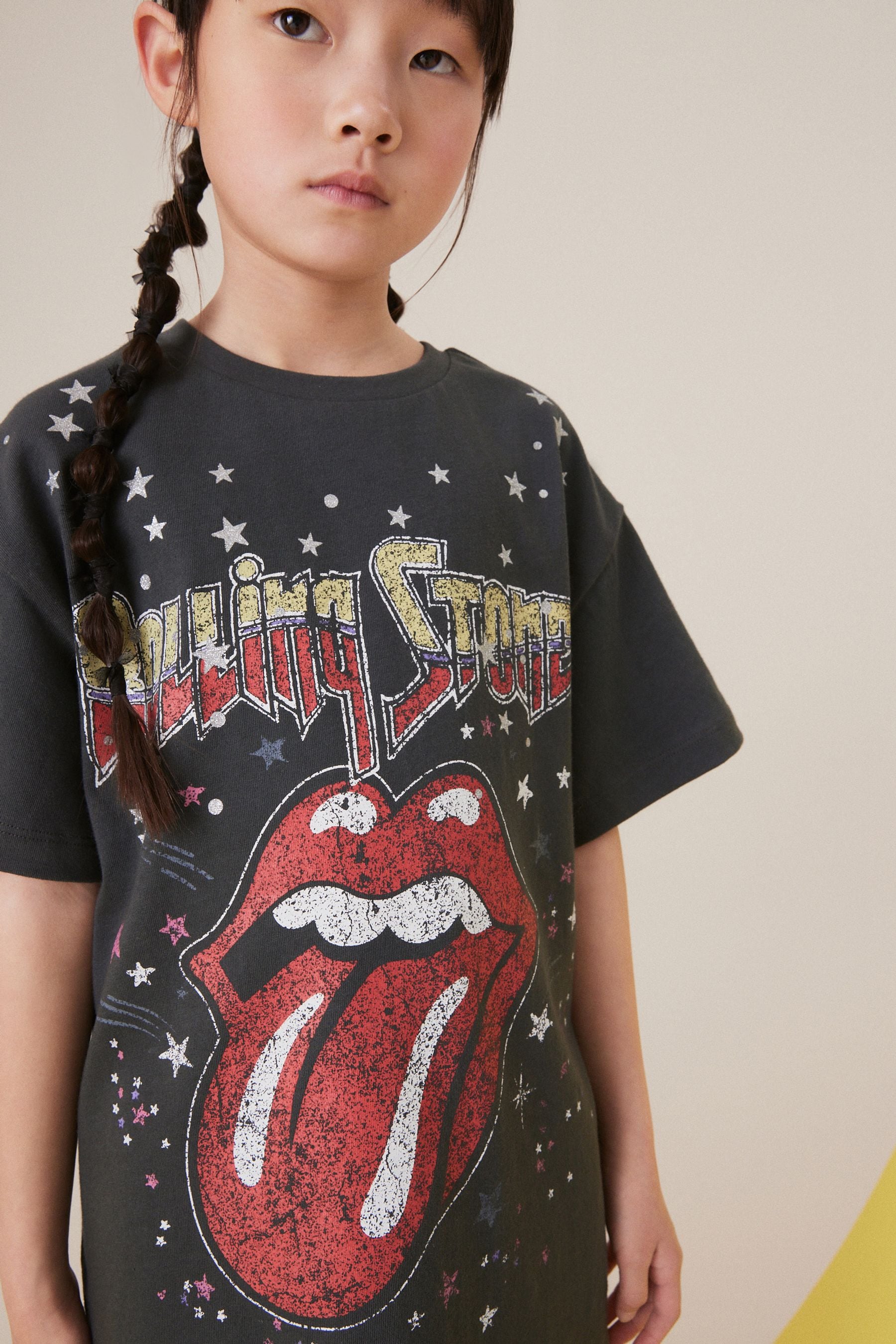 Charcoal Grey Rolling Stones 100% Cotton T-Shirt Dress (3-16yrs)