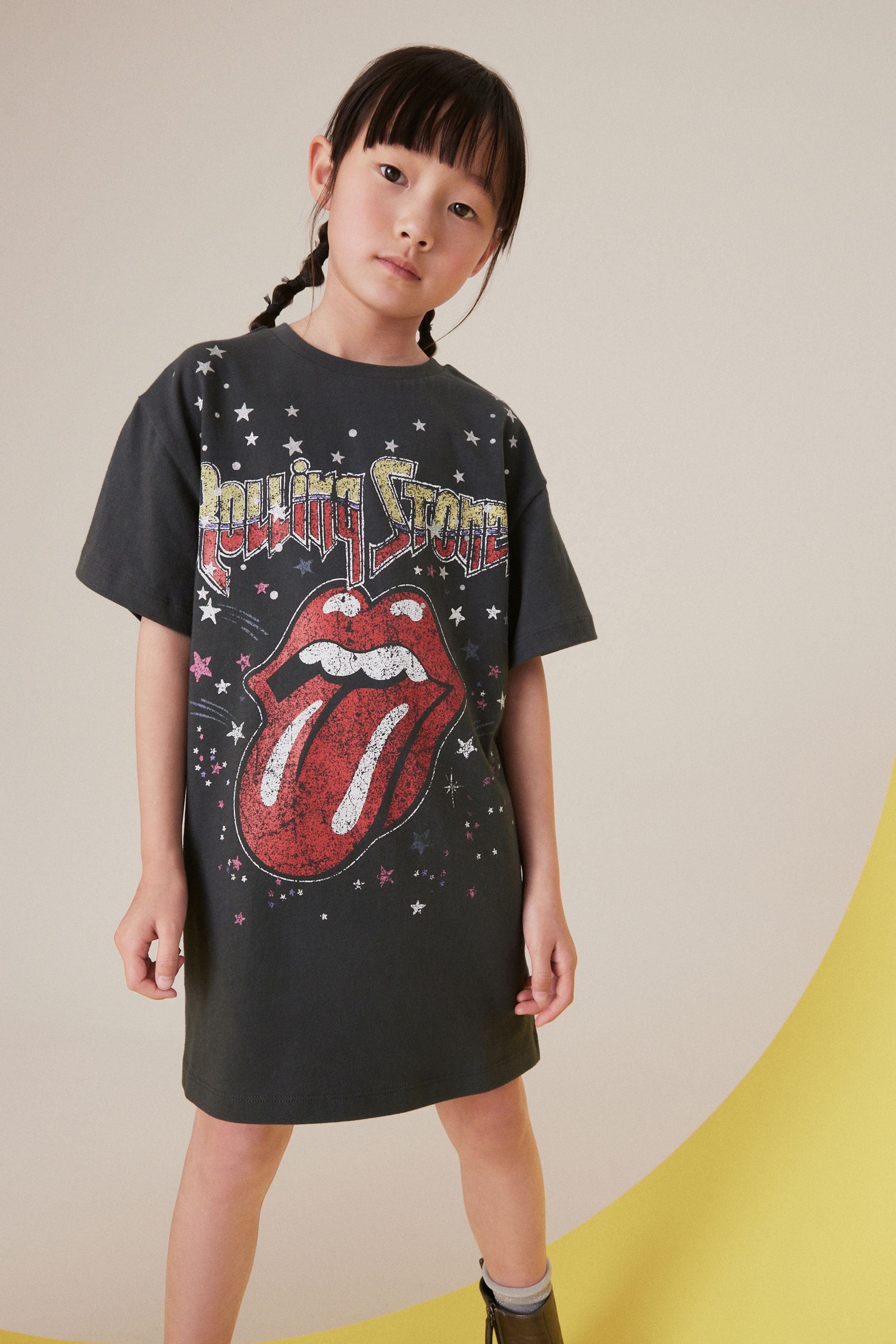 Charcoal Grey Rolling Stones 100% Cotton T-Shirt Dress (3-16yrs)