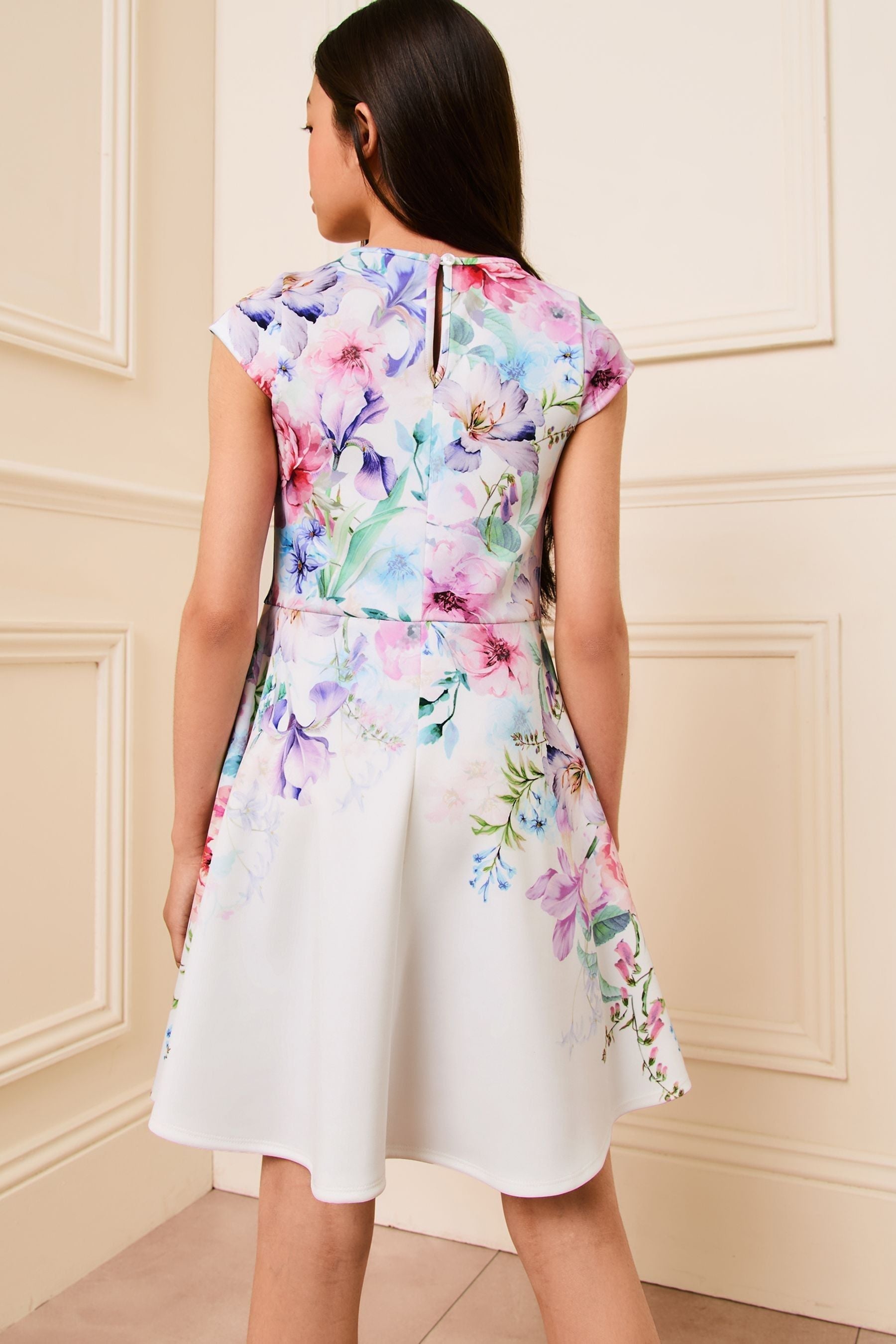 White Floral Cut Out Scuba Dress (5-16yrs)