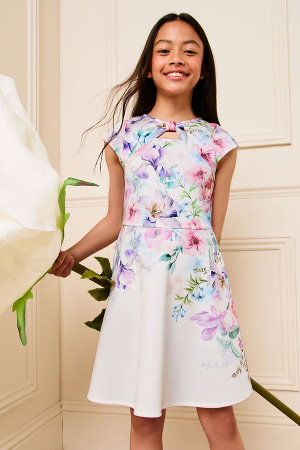 White Floral Cut Out Scuba Dress (5-16yrs)