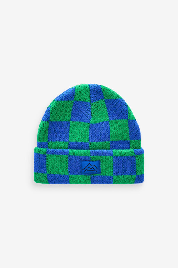 Blue/Green Check Knitted Beanie Hat (1-16yrs)