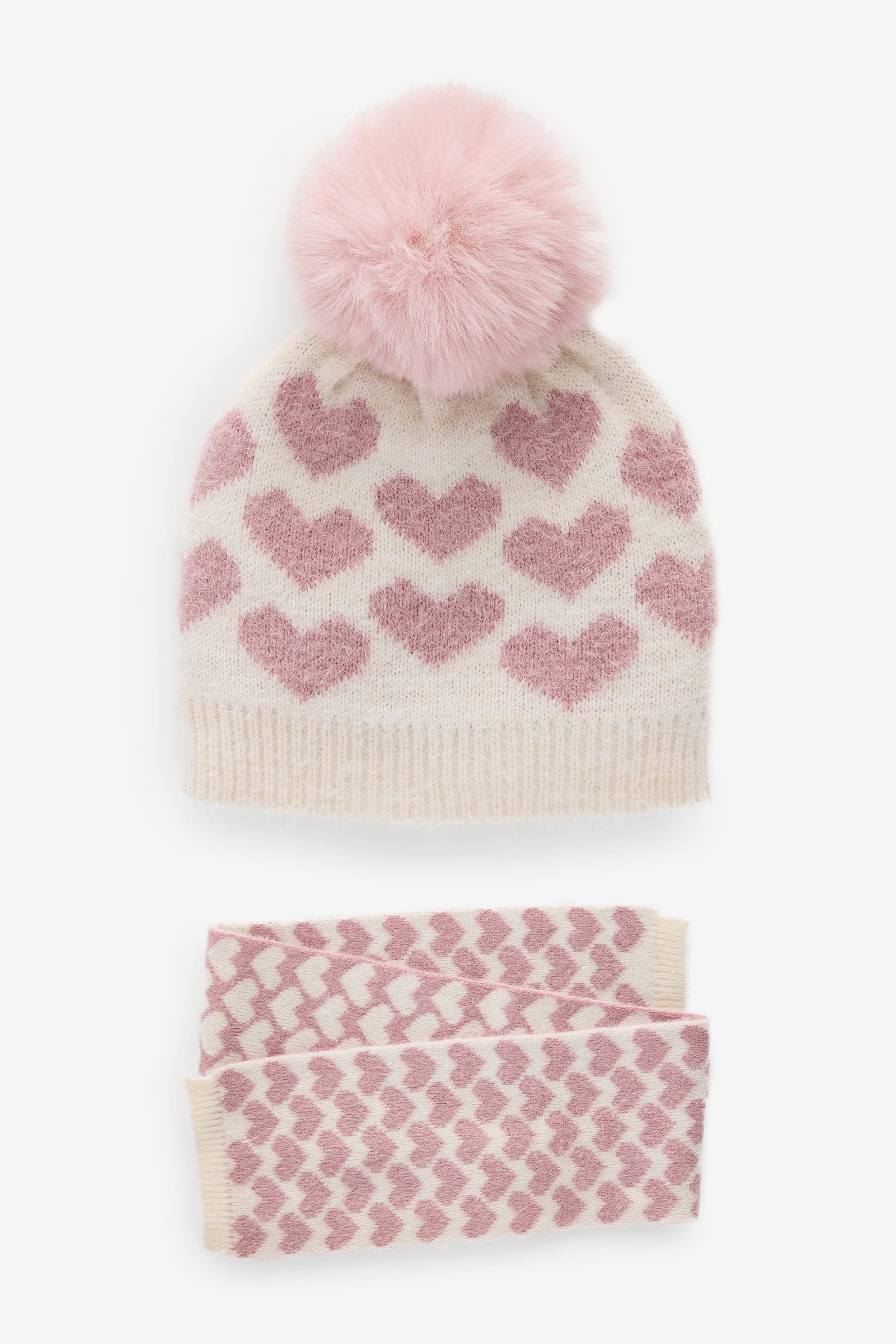 White/Pink Heart Hat And Scarf Set (1-13yrs)