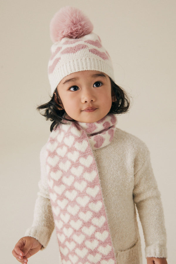 White/Pink Heart Hat And Scarf Set (1-13yrs)