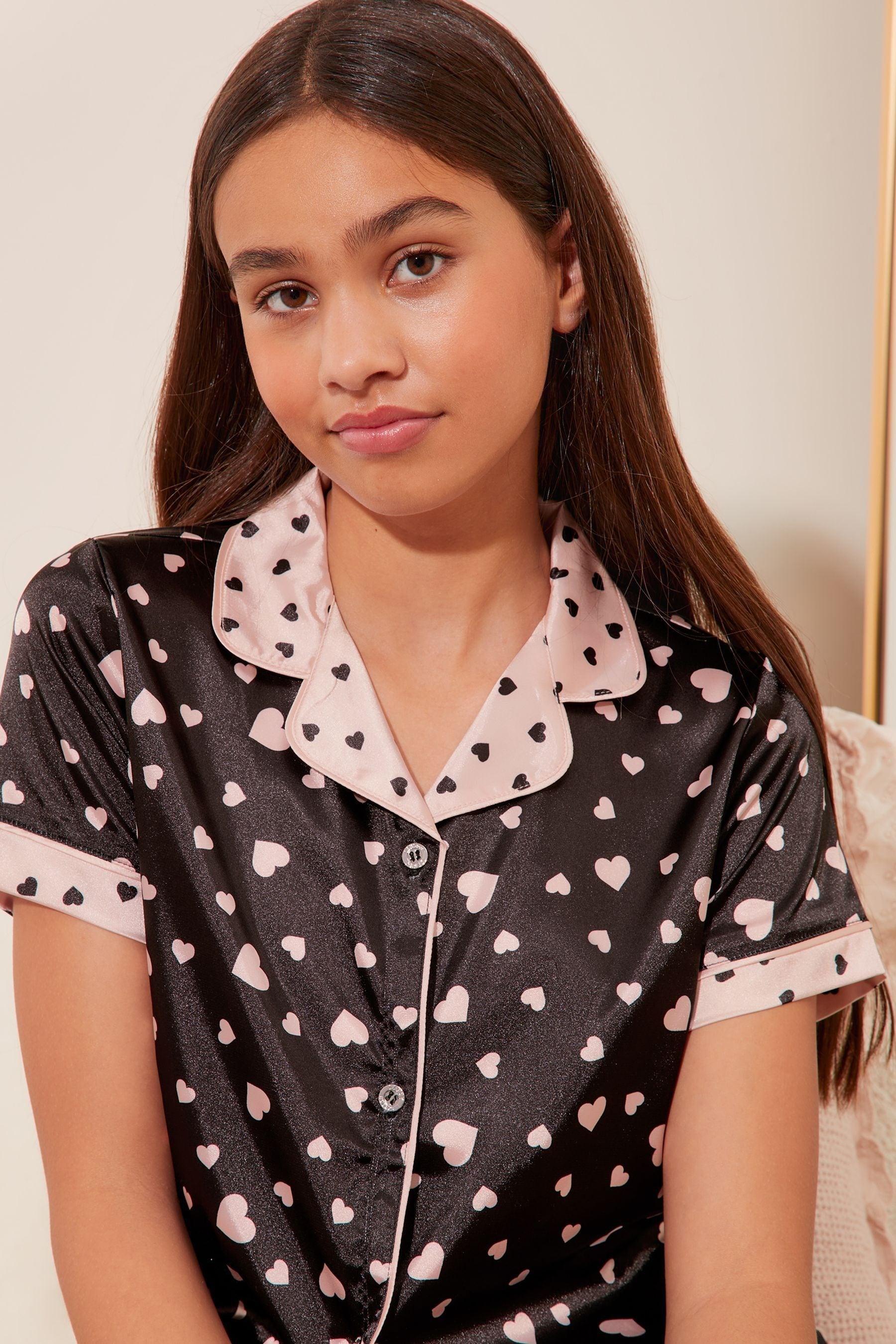 Black Heart Print Satin Shirt And Long Leg Pyjamas (5-16Yrs)