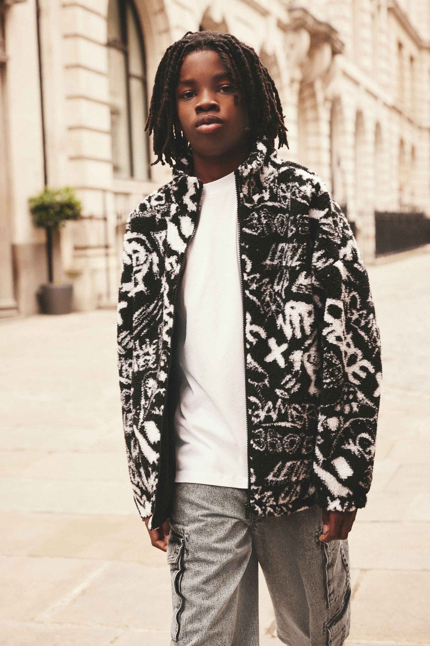 Black/White Printed Zip Through Borg Fleece (3-16yrs)