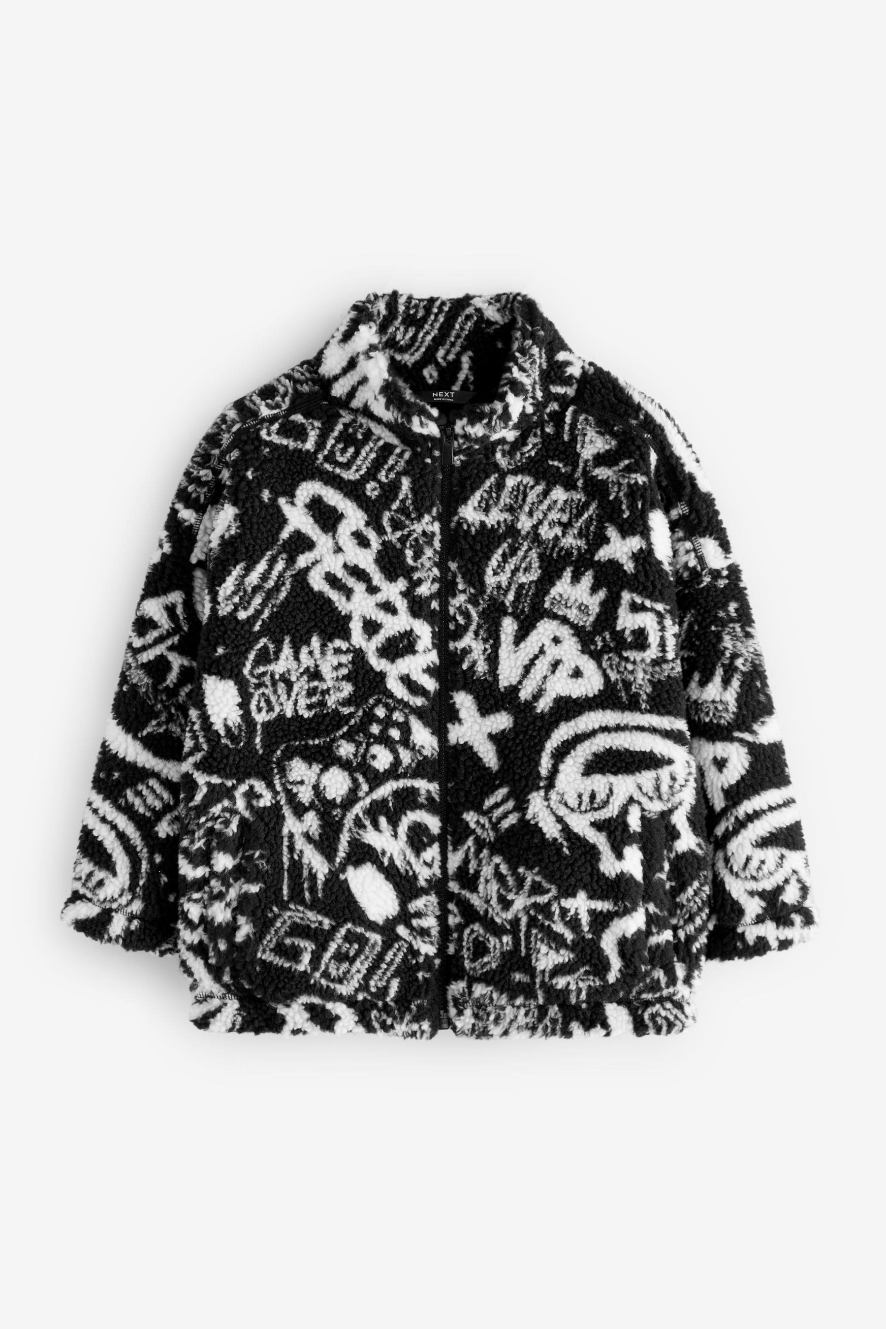 Black/White Printed Zip Through Borg Fleece (3-16yrs)