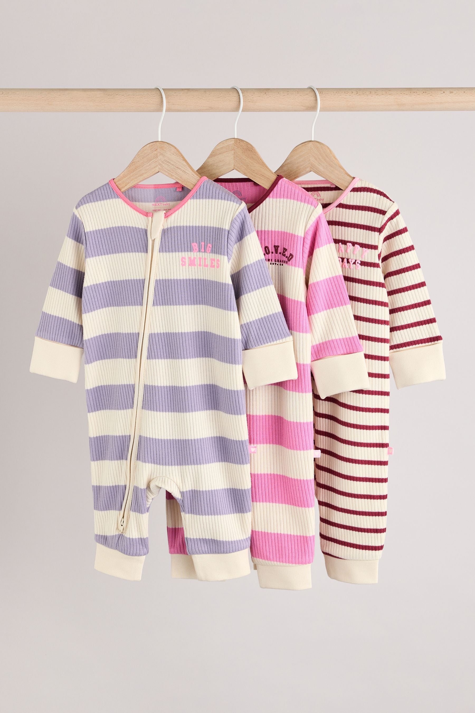 Pink/Purple Baby Two Way Zip Footless 100% Cotton Sleepsuits 3 Pack (0mths-3yrs)