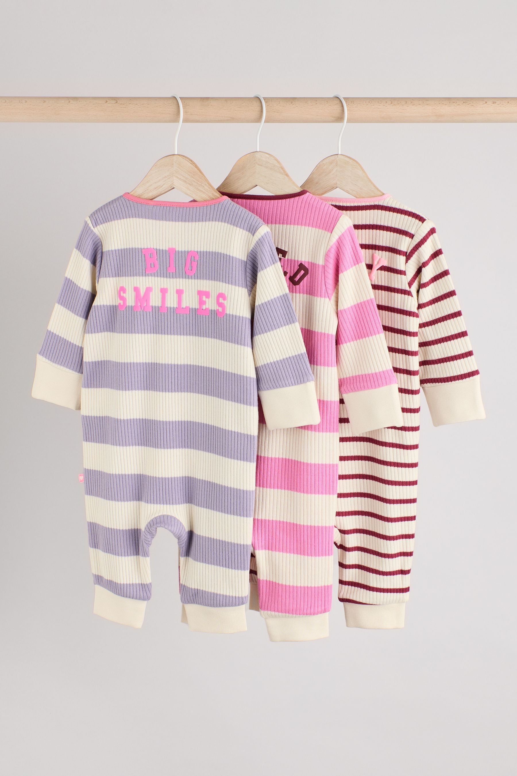 Pink/Purple Baby Two Way Zip Footless 100% Cotton Sleepsuits 3 Pack (0mths-3yrs)