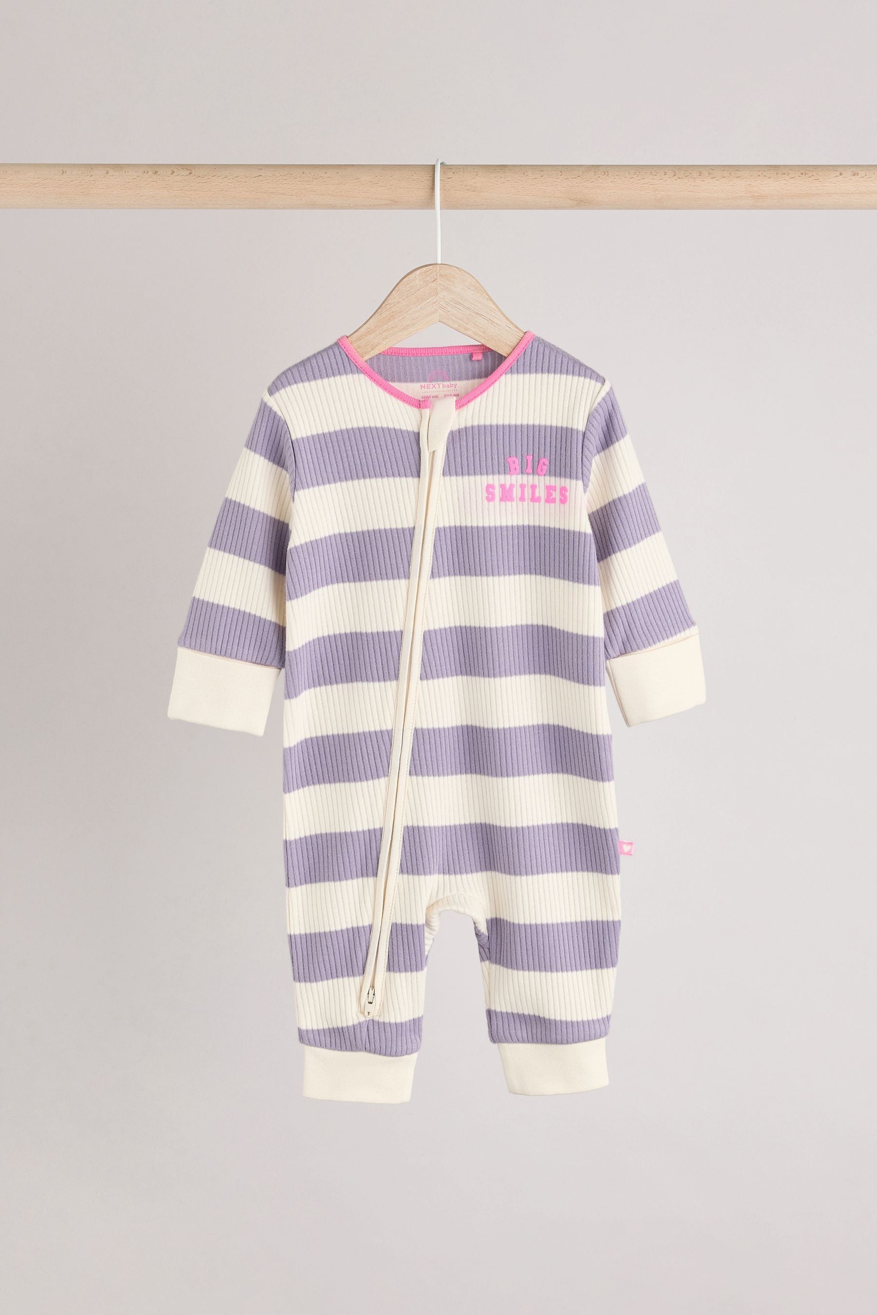 Pink/Purple Baby Two Way Zip Footless 100% Cotton Sleepsuits 3 Pack (0mths-3yrs)