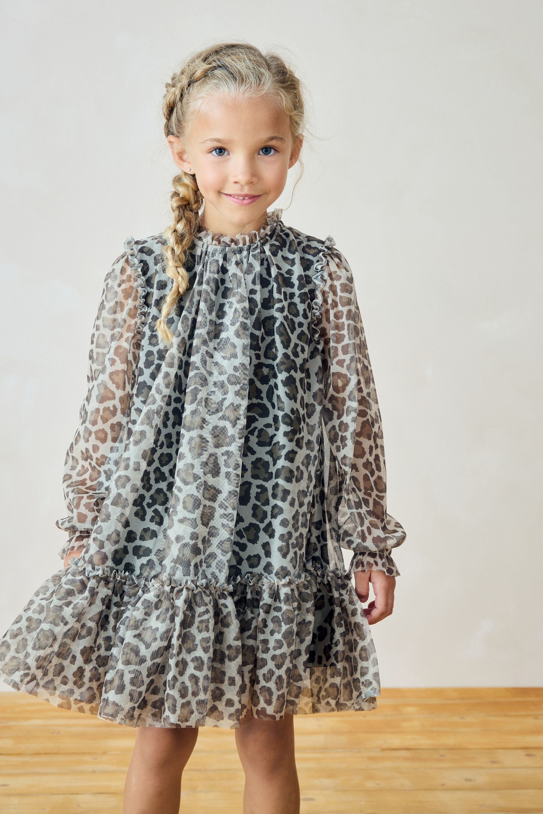 Animal Mesh Long Sleeve Dress (3-16yrs)