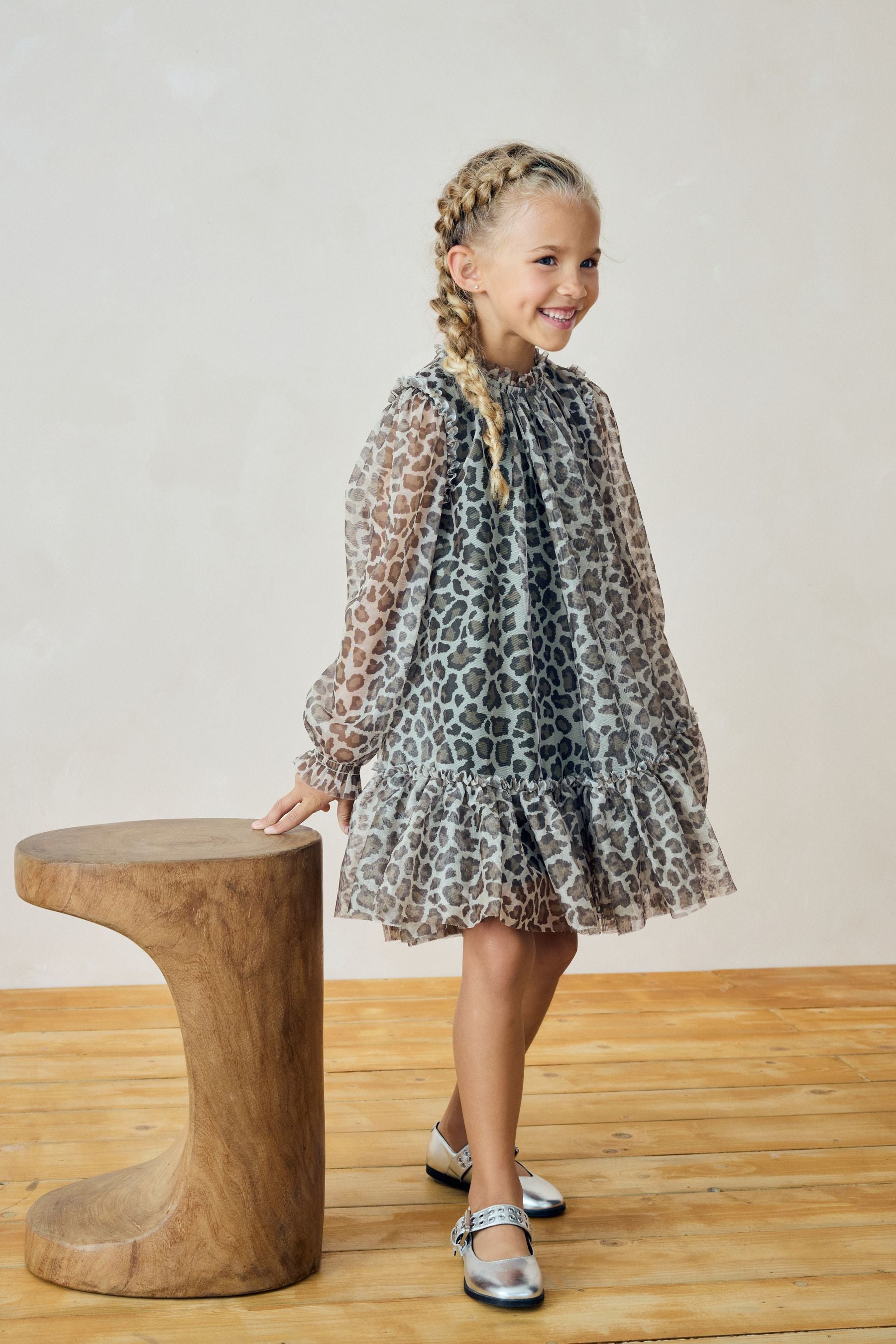 Animal Mesh Long Sleeve Dress (3-16yrs)