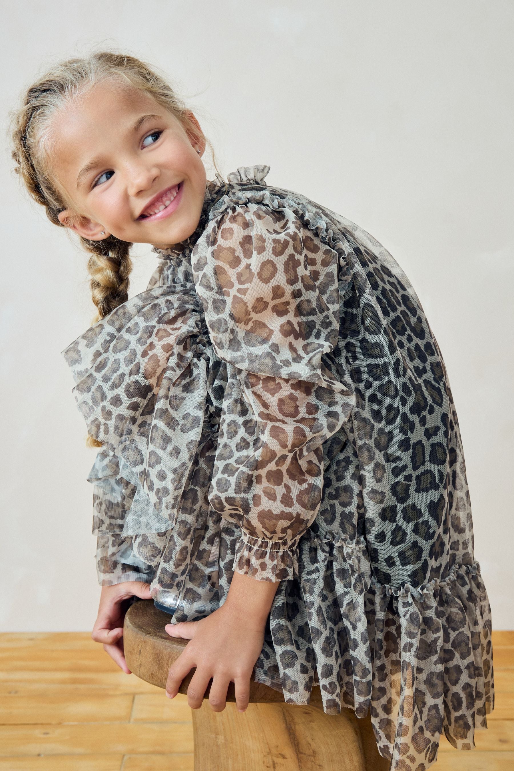 Animal Mesh Long Sleeve Dress (3-16yrs)