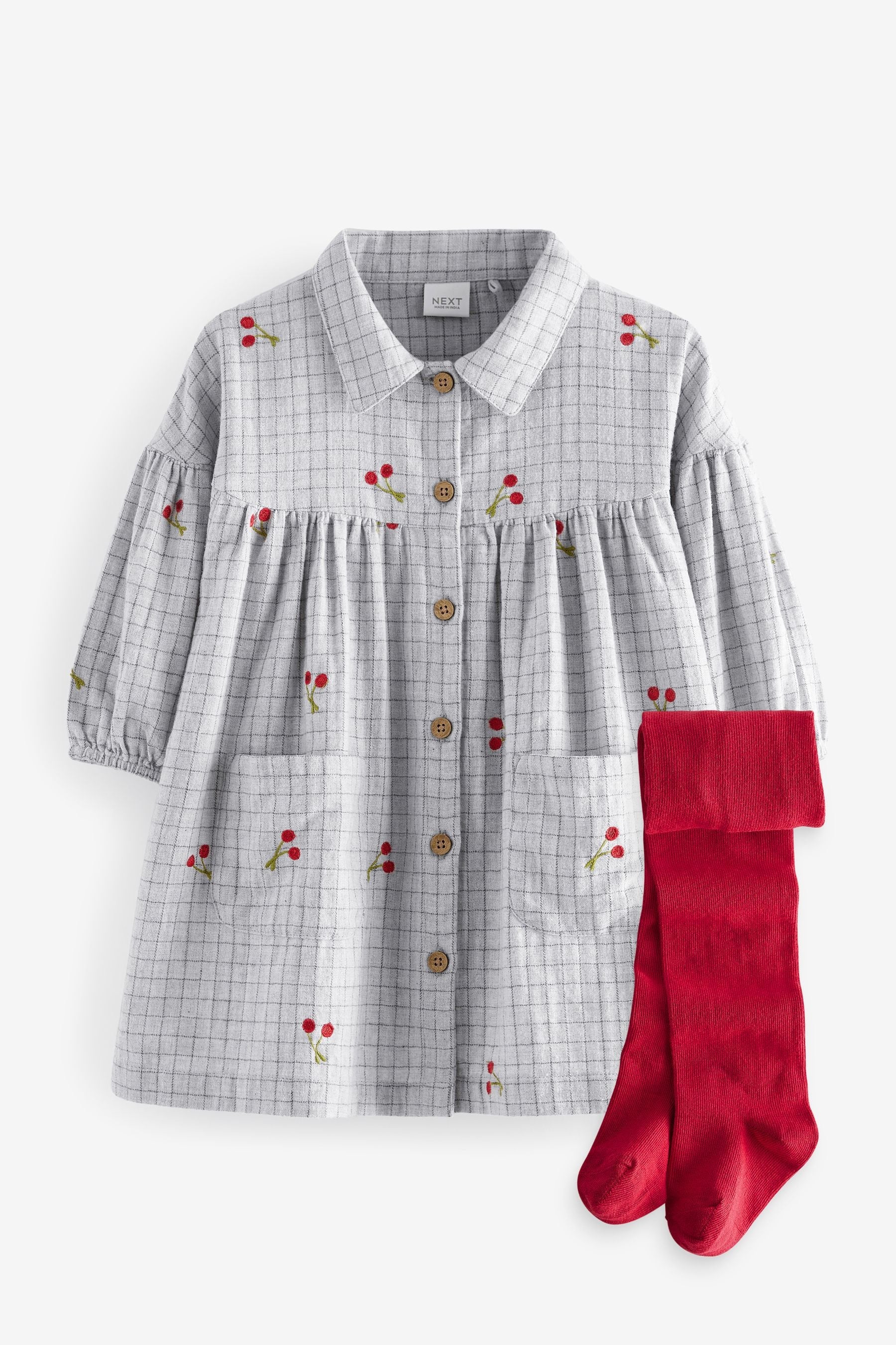 Grey Cherry Shirt Dress And Tights Set (3mths-8yrs)