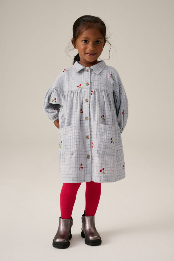 Grey Cherry 100% Cotton Shirt Dress And Tights Set (3mths-8yrs)