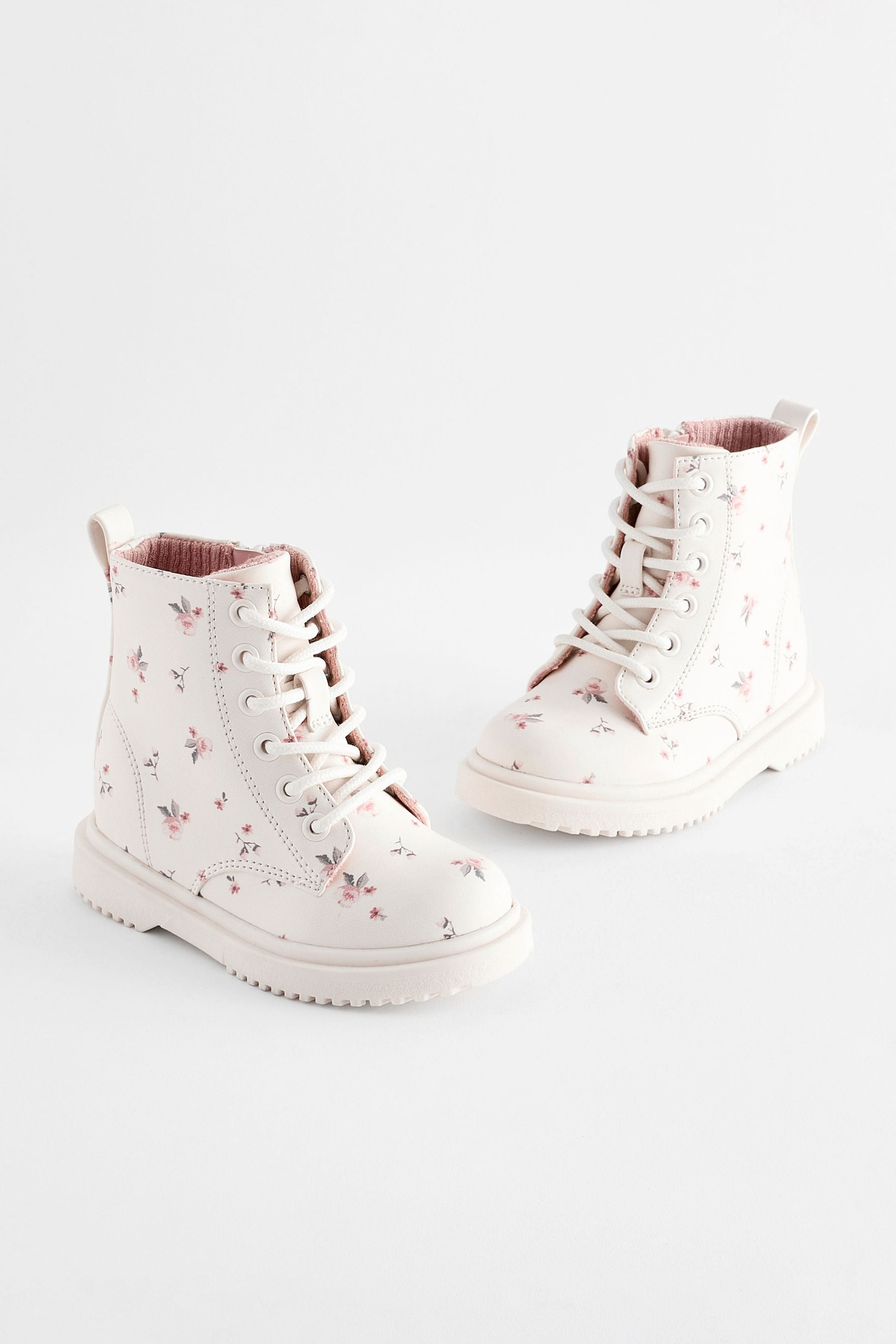 Neutral White Standard Fit (F) Floral Lace Up Boots