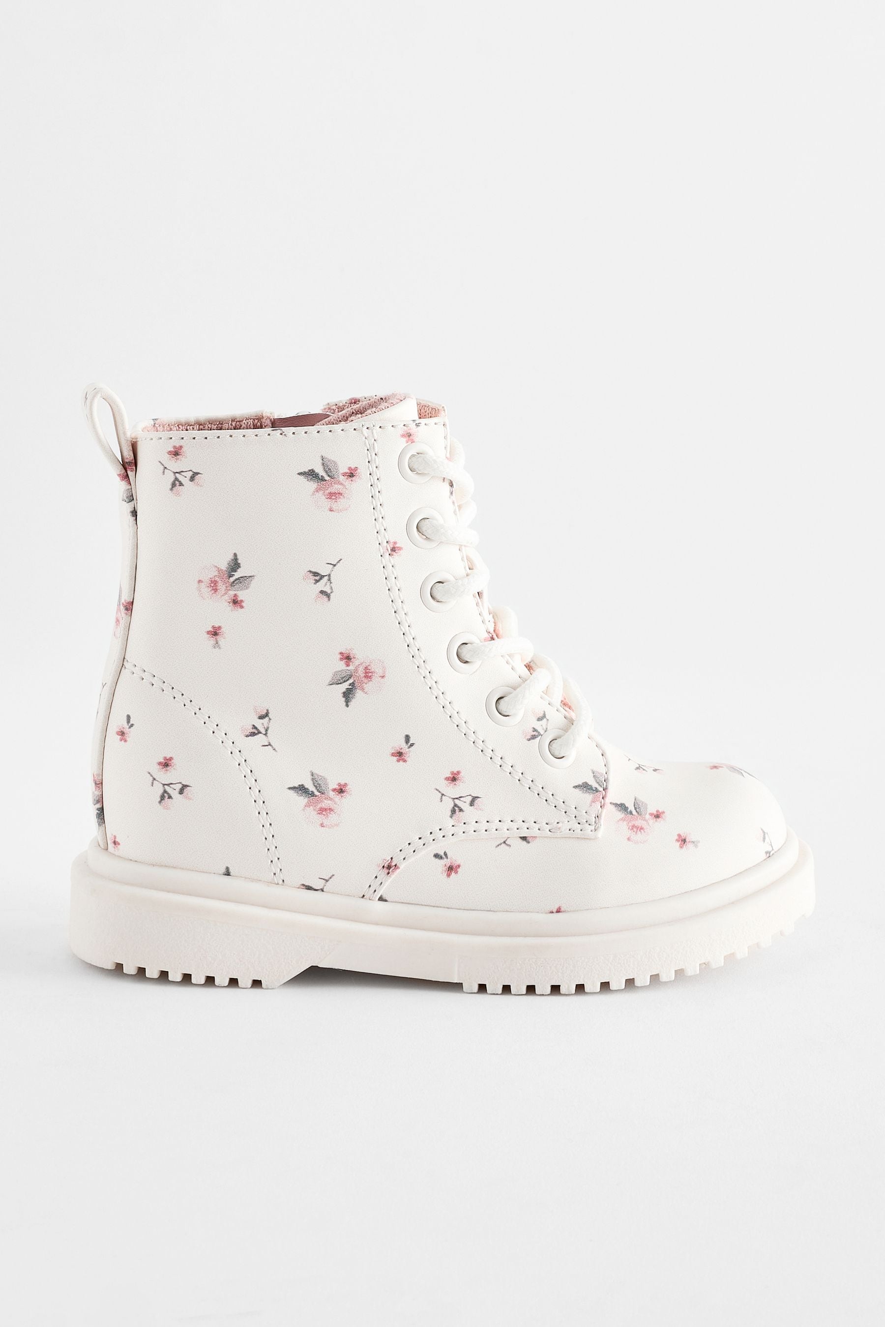 Neutral White Standard Fit (F) Floral Lace Up Boots