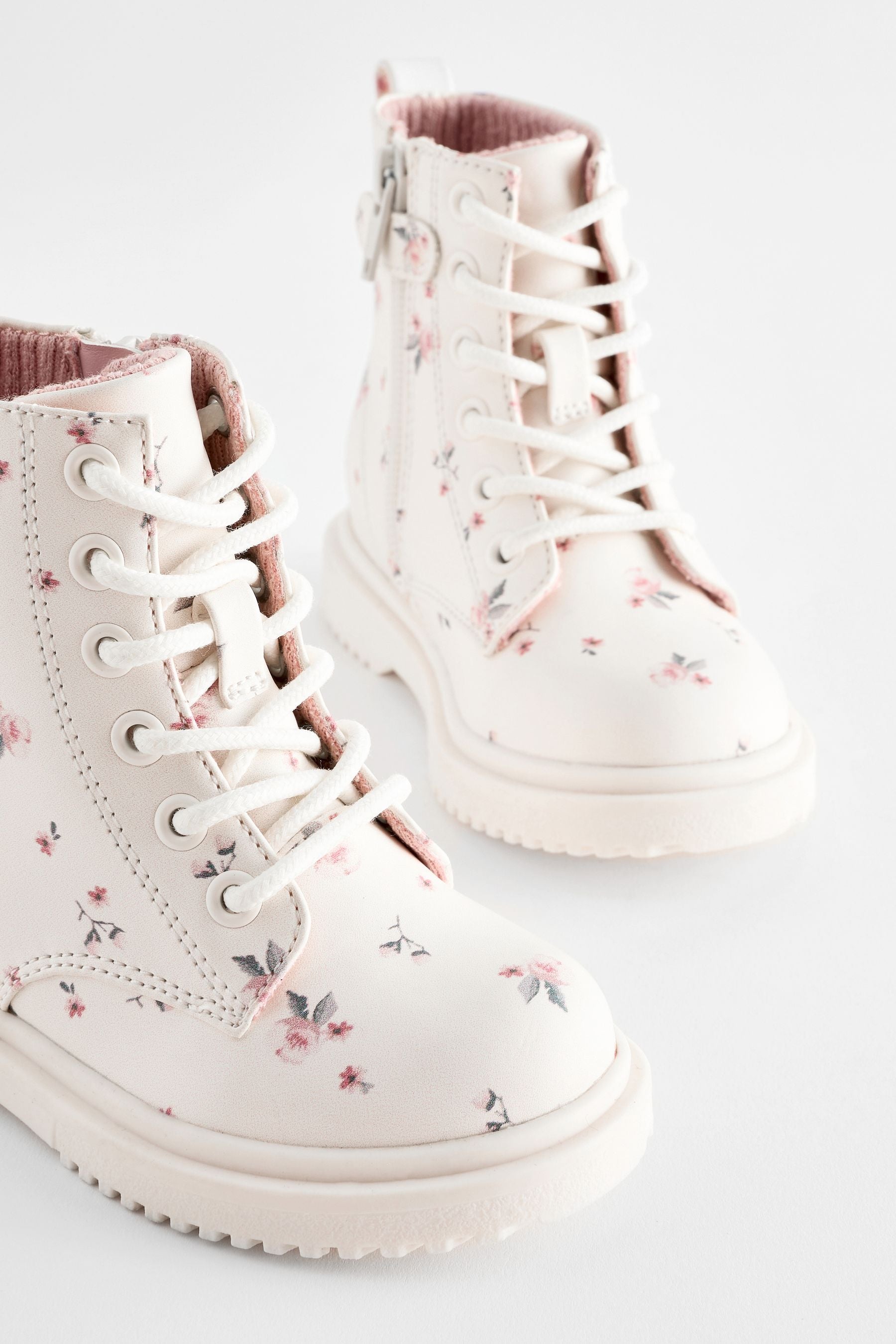 Neutral White Standard Fit (F) Floral Lace Up Boots