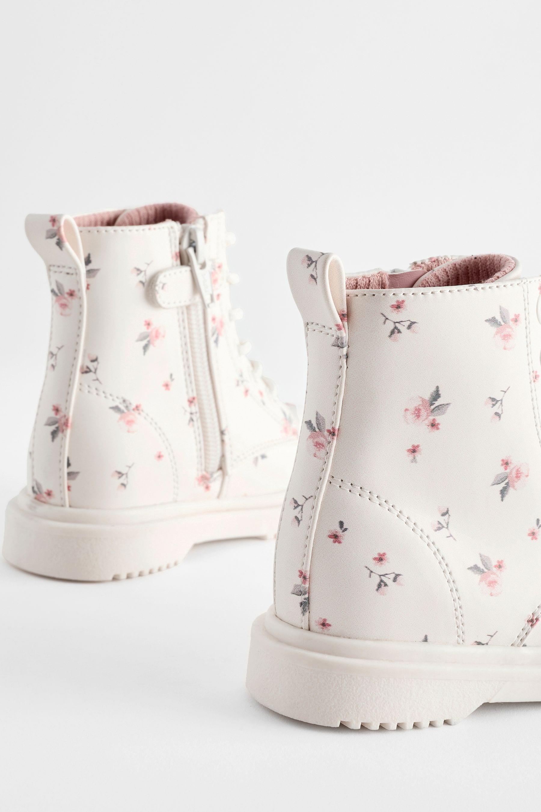 Neutral White Standard Fit (F) Floral Lace Up Boots