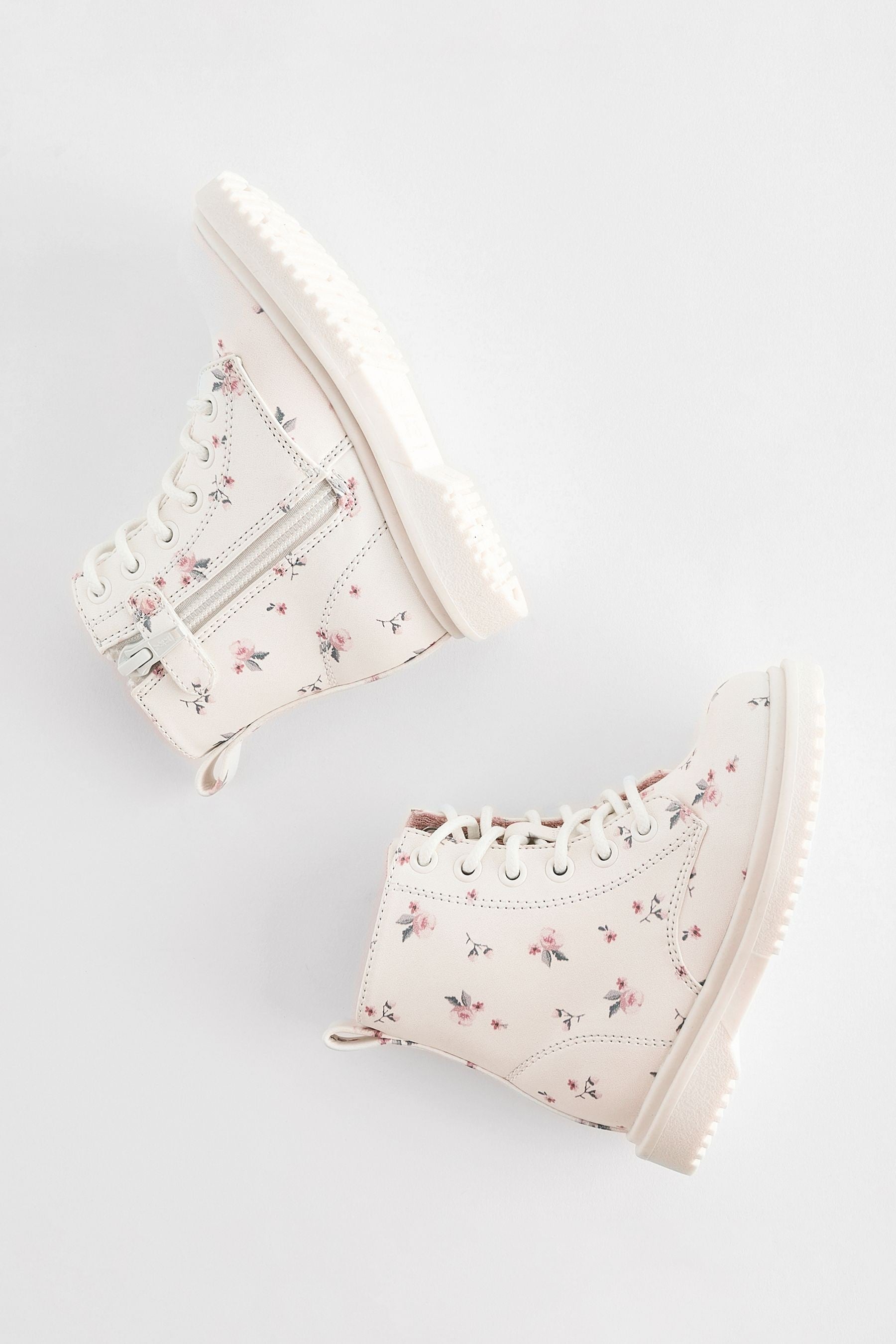 Neutral White Standard Fit (F) Floral Lace Up Boots