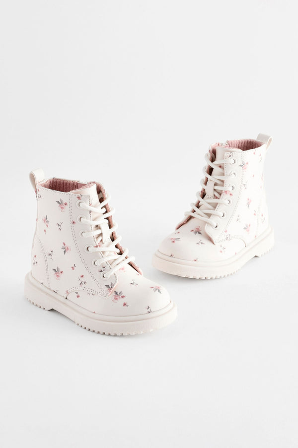 Neutral White Standard Fit (F) Floral Lace Up Ankle Boots