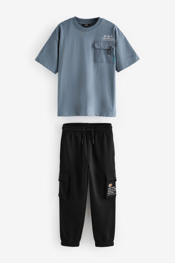 Grey/Blue Utility 100% Cotton Short Sleeve T-Shirt and Joggers Set (3-16yrs)