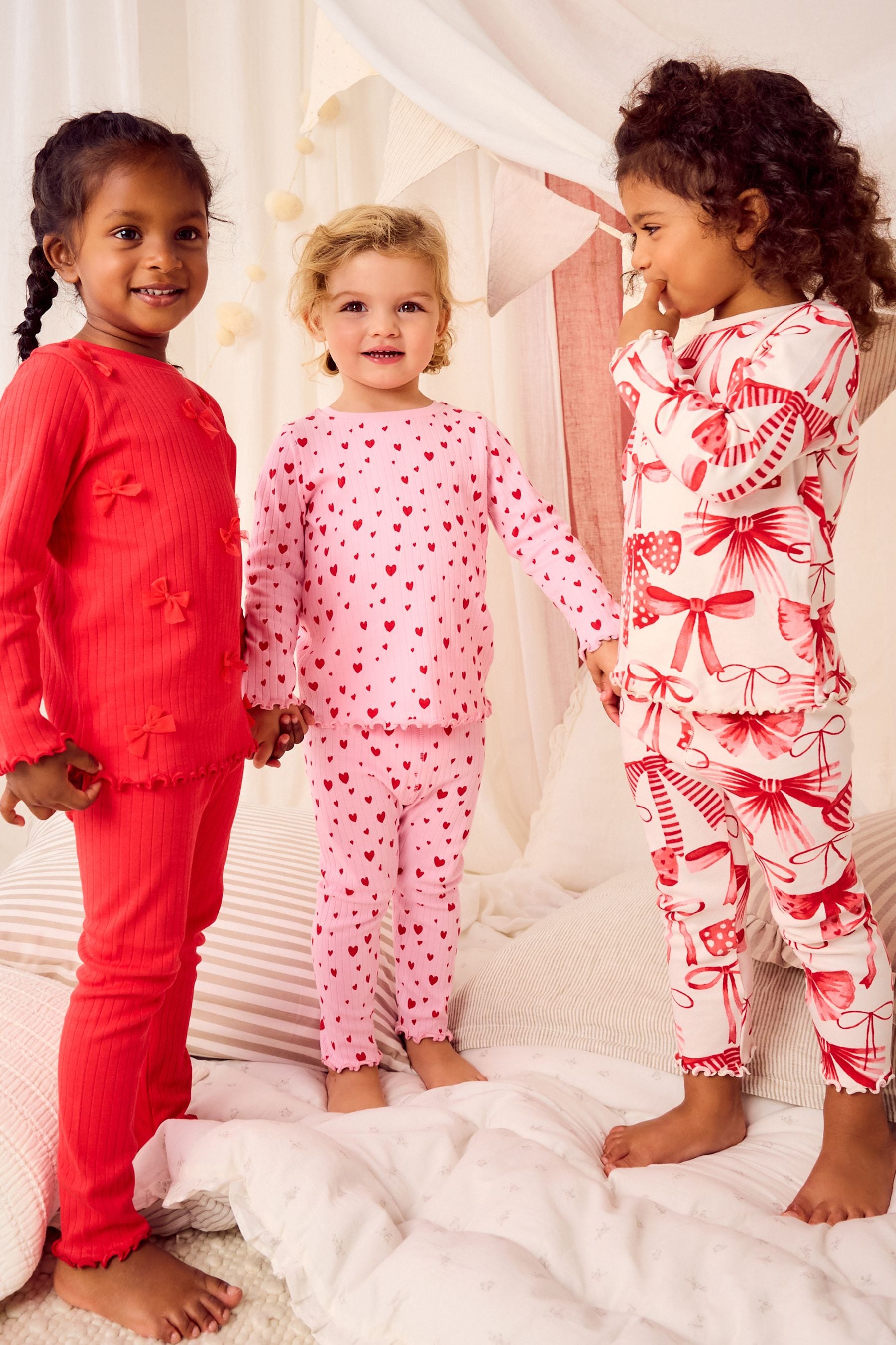 Red Bow/ Heart 100% Cotton Long Sleeve Pyjamas 3 Pack (9mths-16yrs)