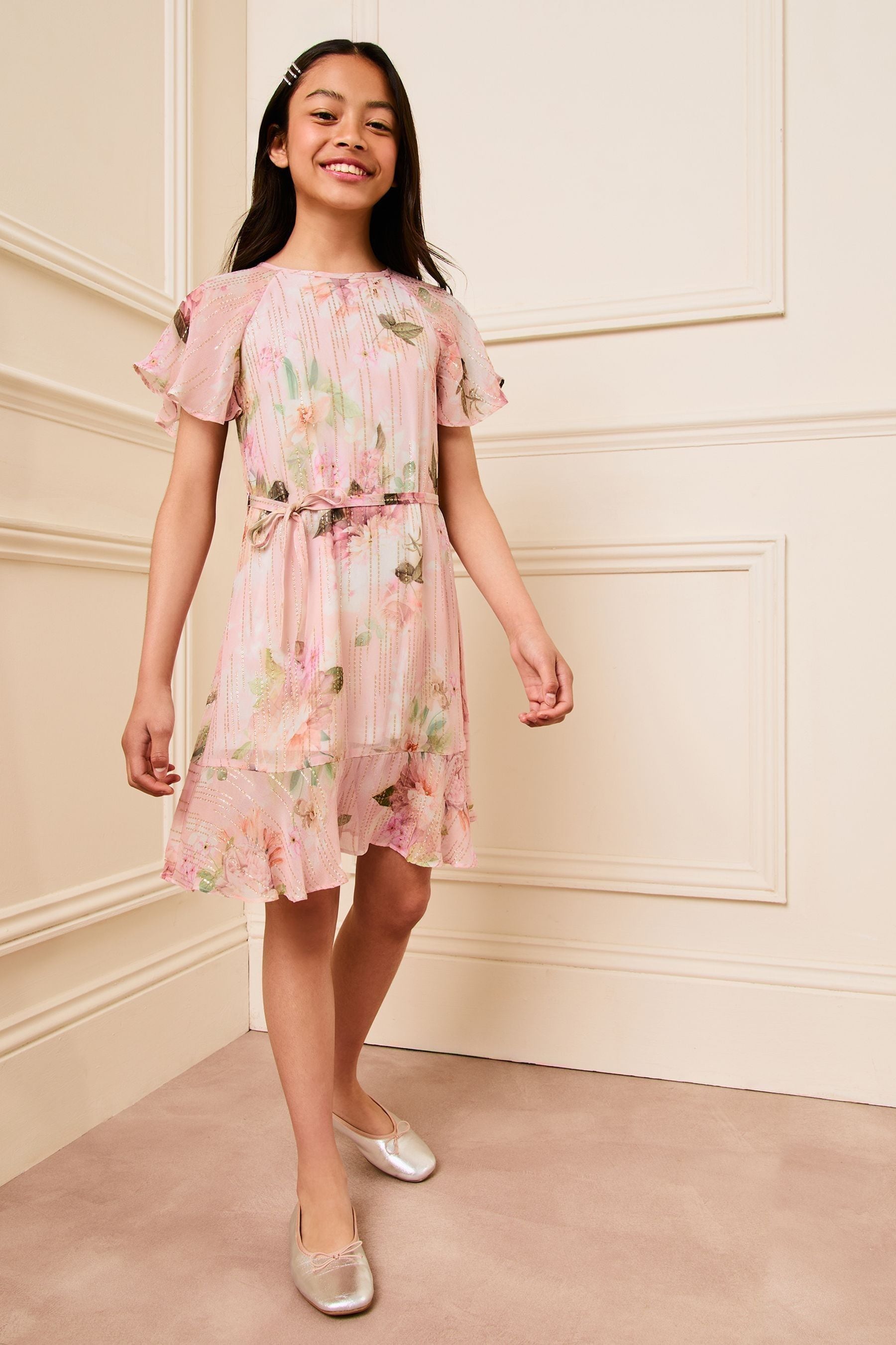 Pink Floral Lipsy Sparkle Shift Occasion Dress (From 2-16yrs)