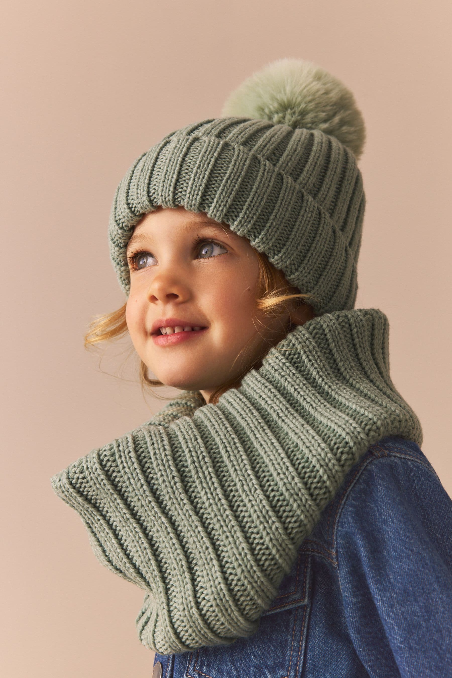 Sage Green Rib Pom Beanie Hat (3mths-16yrs)