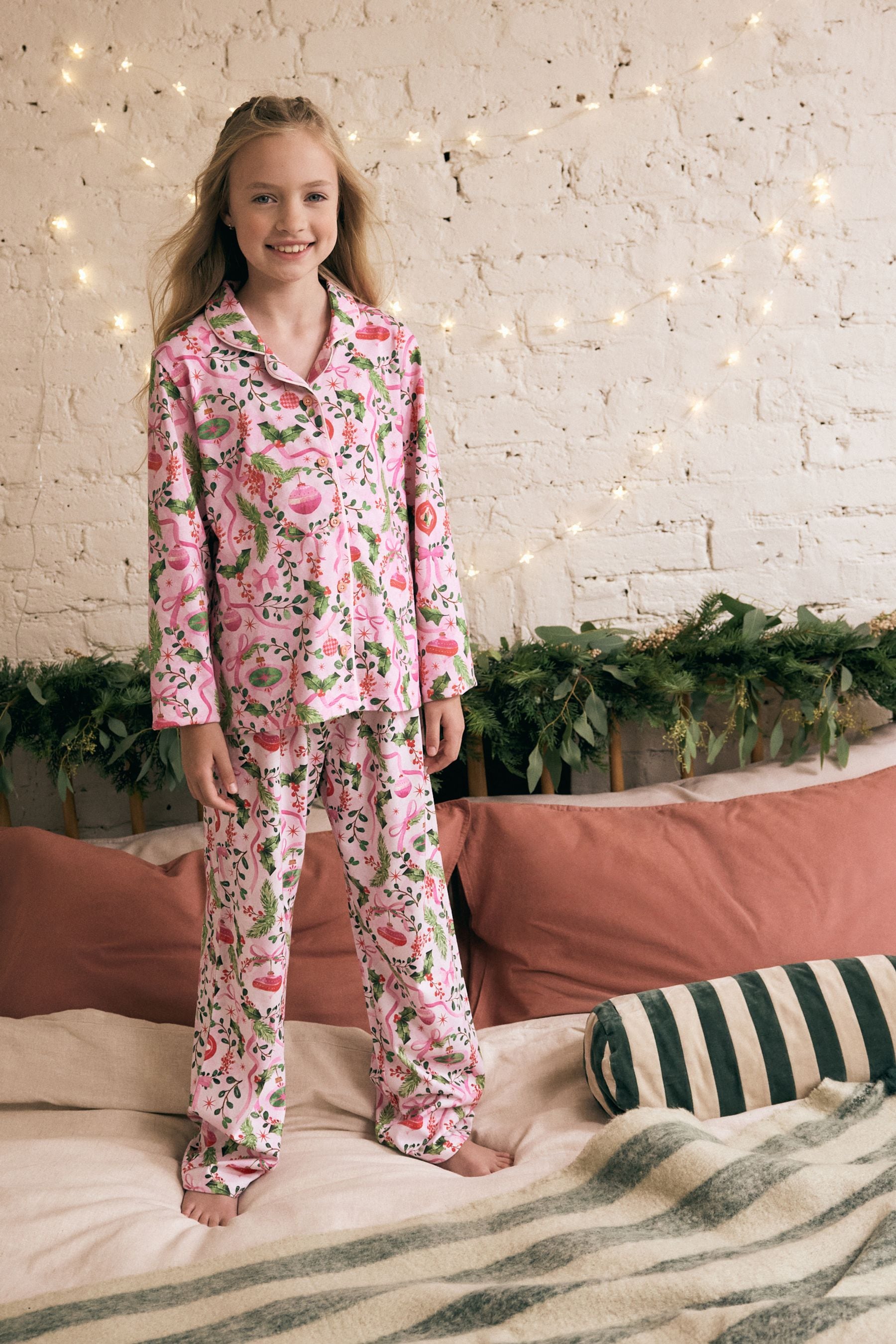 Pink/Green Christmas Jersey Button Through 100% Cotton Pyjamas 1 Pack (3-16yrs)