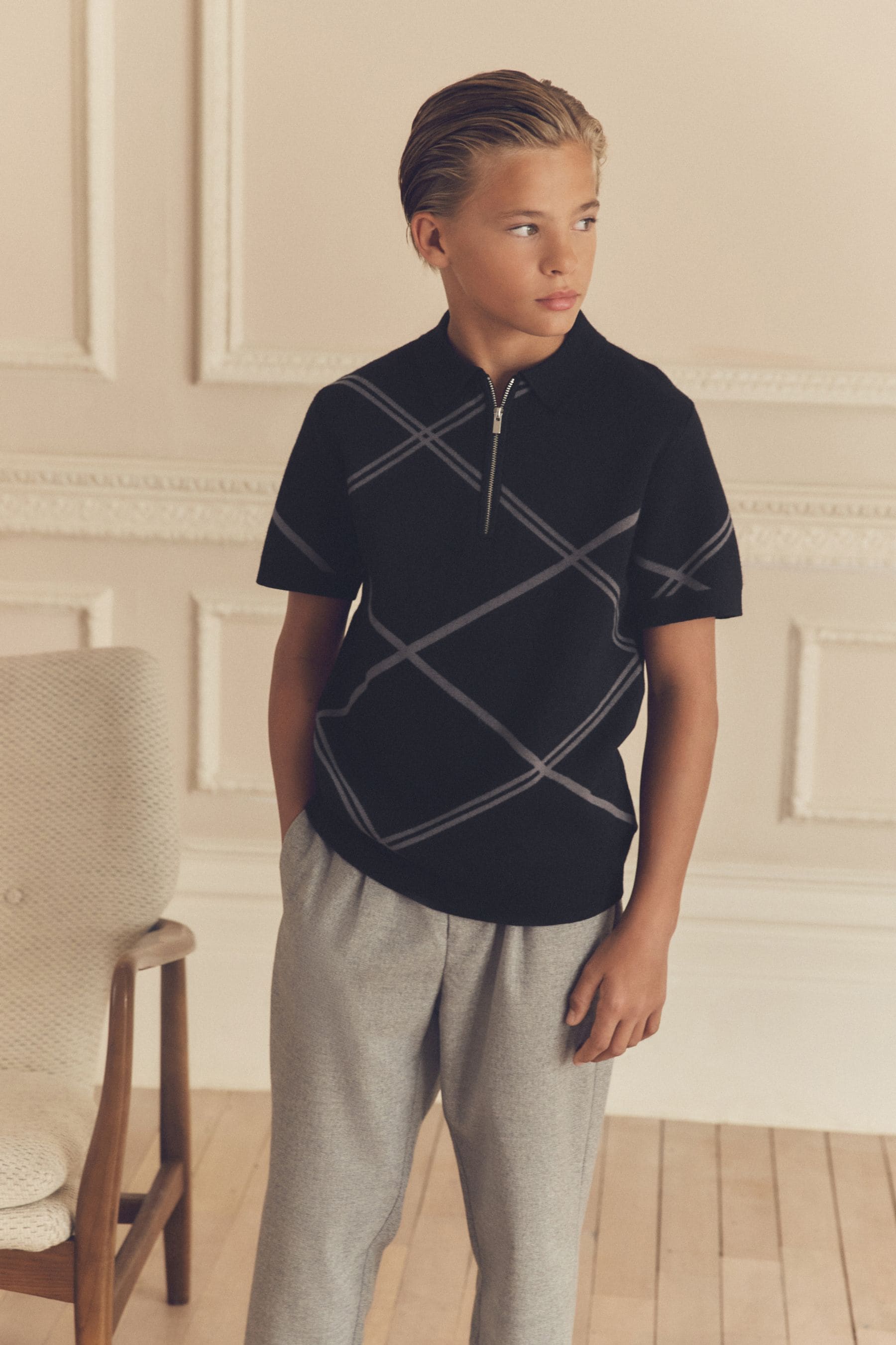 Black Argyle Knitted Zip Neck Polo Shirt (3-16yrs)