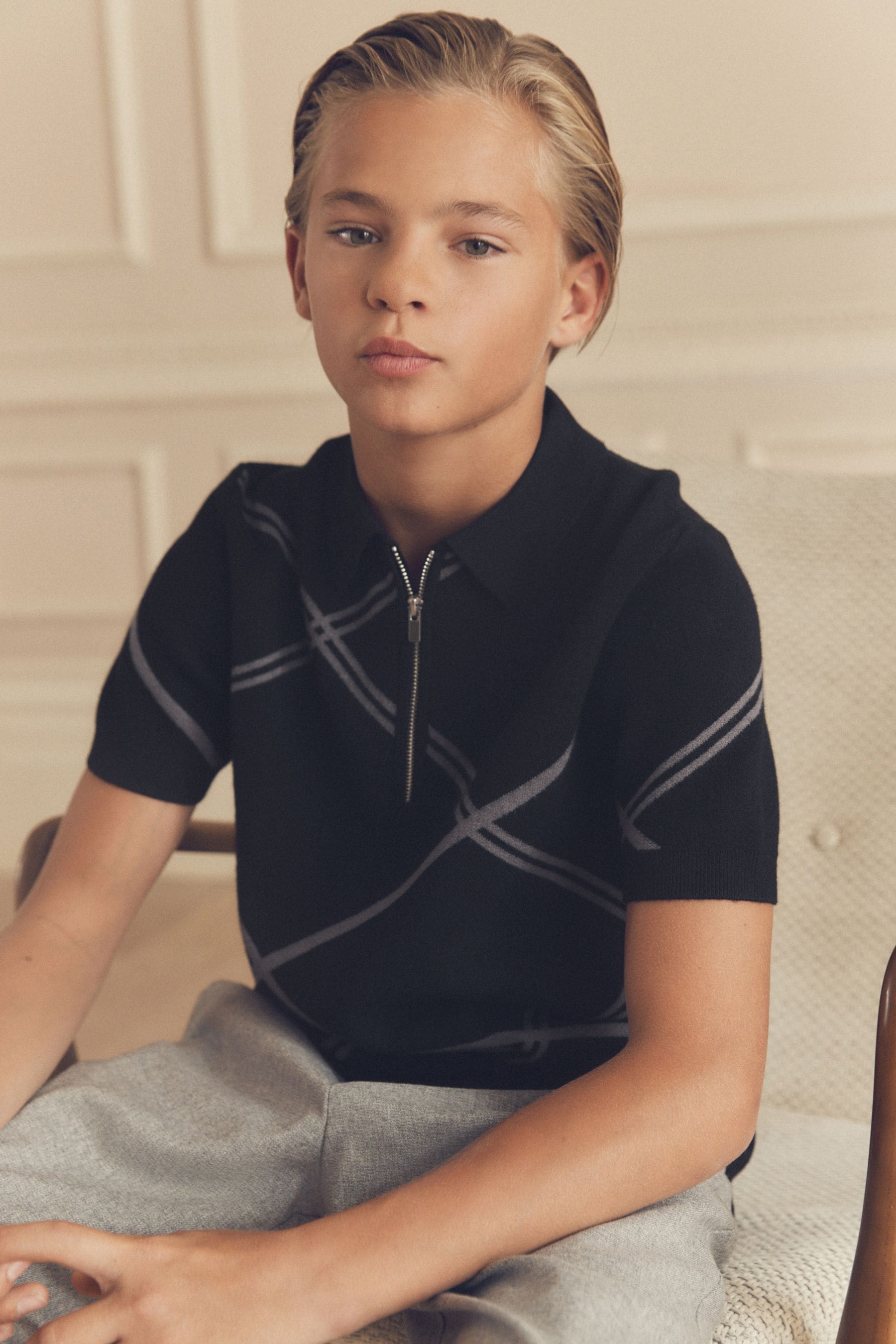 Black Argyle Knitted Zip Neck Polo Shirt (3-16yrs)