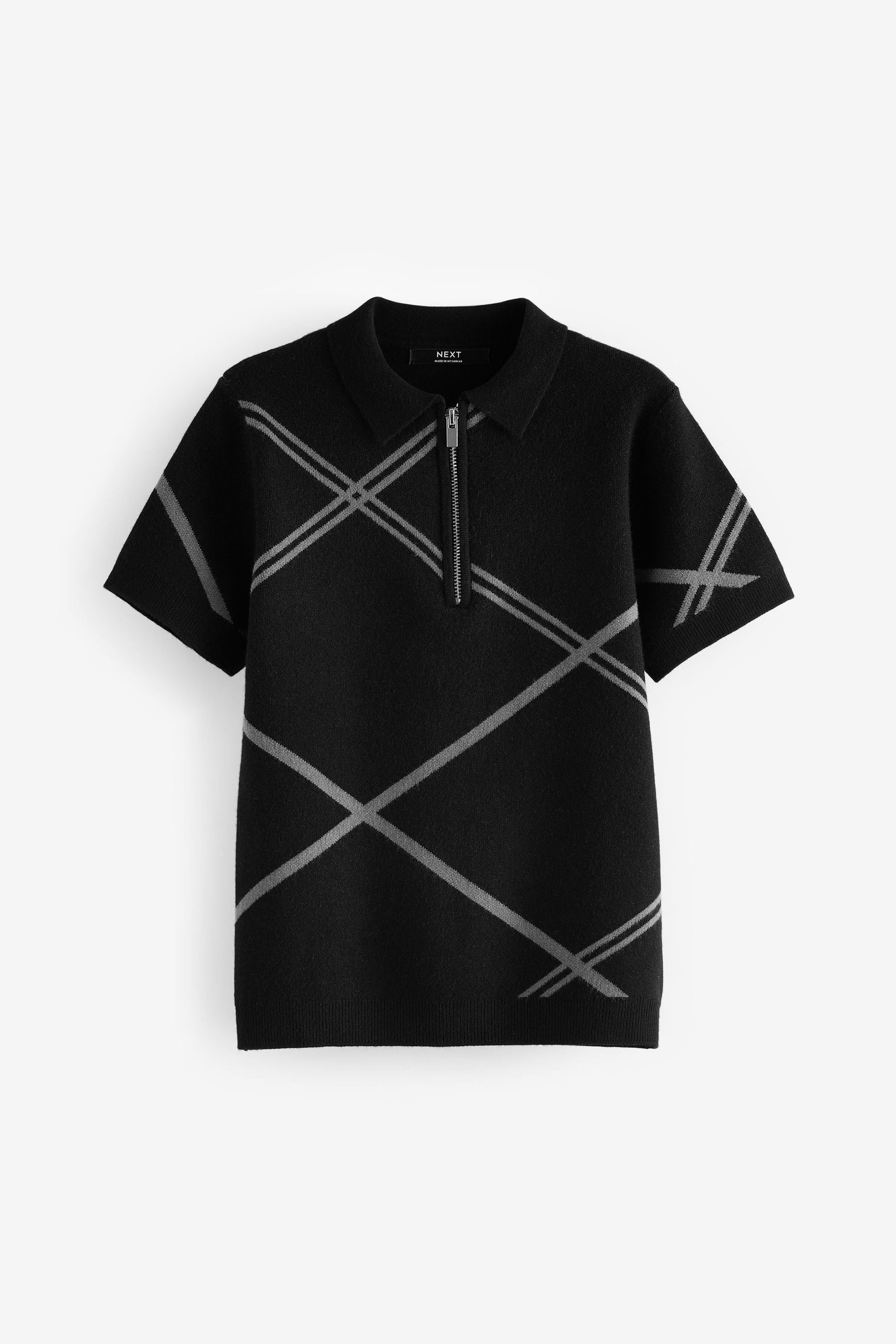 Black Argyle Knitted Zip Neck Polo Shirt (3-16yrs)